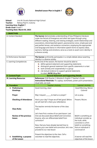 Detailed Lesson Plan for English 7 | PDF