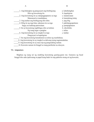 A B
______1. Ang balangkas ng pangyayari ang binibigyang a. kababalaghan
Diin ng kuwentong ito. b. kapaligiran
______2. Ang kuwentong ito ay nakapagpapatawa sa mga c. katatawanan
Manonood or mambabasa. d. katutubong kulay
______3. Ang tauhan ang binibigyang-diin ditto. e. pag-ibig
______4. Hilig ito ng mga bata, nakatuon ito sa mga f. pakikipagsapalaran
bagay na mahirap paniwalaan. g. pampagkataon
______5. Ito ay kuwentong nagbibigay-diin sa kultura h. sikolohiko
Ng isang lugar o pangkat. i. talino
______6. Ang kuwentong ito ay tungkol sa mga j. tauhan
Pangyayari sa kapaligiran.
______7. Ito ang kuwentong humahamon sa talino ng mambabasa.
_____8. Ang kuwentong ito ay tungkol sa dalwang taong nagmamahalan.
_____9. Ang kuwentong ito ay nasa isip ng pangunahing tauhan.
_____10. Kuwento naman ito hinggil sa isang partikular na okasyon.
VI. Asignatura
Magbasa ng isang uri ng maikling kuwentong gusting-gusto mo. Gumawa ng buod
hinggil dito saka ipaliwanag sa papel kung bakit ito ang paborito mong uri ng kuwento.
 