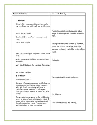 Teacher’s Activity Student’s Activity
C. Review:
Class before we proceed to our lesson, let
me see if you can still recall our past lesson.
What is a distance?
Excellent! Give him/her a mommy shark
clap.
What is an angle?
Very Good! Let's give him/her a daddy shark
clap.
What instrument could we use to measure
an angle?
Very good ! Let's do the grandpa shark clap.
III. Lesson Proper:
1. Activity:
Who wants prizes?
So many of you wants prizes, Just follow my
instructions then the first three students
who will finish the activity will have it. I
have here some pieces of bond papers,
pencil and rulers. (Give it to them) Are you
ready?
Draw a point somewhere in the middle of a
sheet of paper. Now, using a ruler, mark 10
other points that are having a distance of
5 cm from the first point. Compare your
work with that of your seatmates.
The distance between two points is the
length of a straight line segment that links
them.
An angle is the figure formed by two rays,
called the sides of the angle, sharing a
common endpoint, called the vertex of the
angle.
Protractor
The students will raise their hands.
Yes, Ma'am!
The students will do the activity.
 