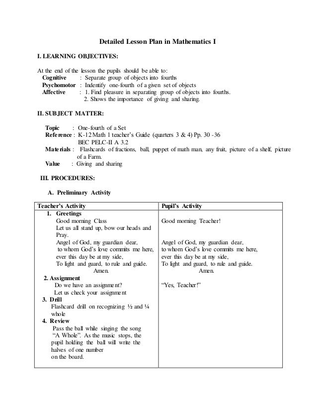 Detailed Lesson Plan In Mathematics I Detailed Lesson Plan In Mathematics I