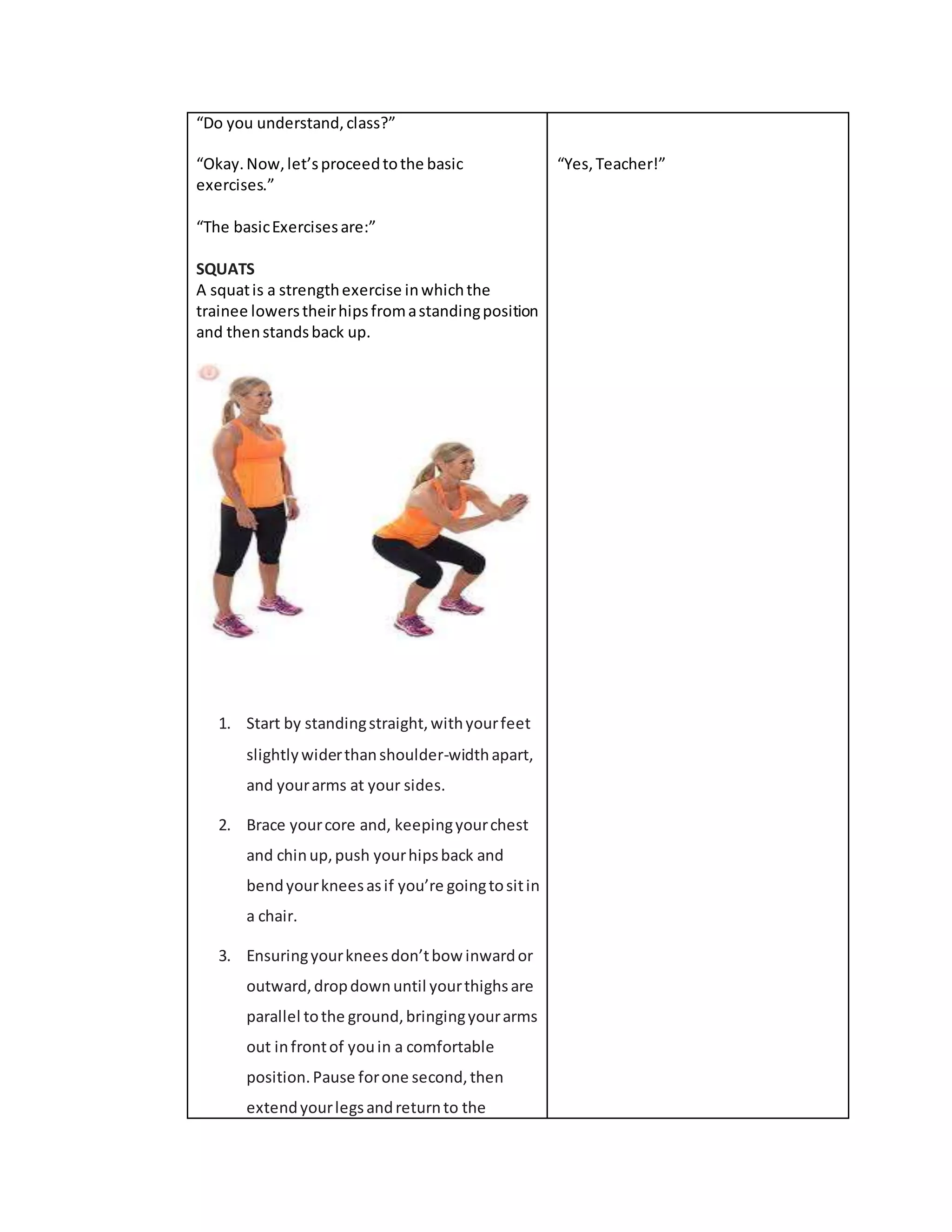 “Do you understand,class?”
“Okay.Now,let’sproceedtothe basic
exercises.”
“The basicExercisesare:”
SQUATS
A squatis a strengthexercise inwhichthe
trainee lowerstheirhipsfromastandingposition
and thenstandsback up.
1. Start by standingstraight,withyourfeet
slightlywiderthanshoulder-widthapart,
and yourarms at your sides.
2. Brace yourcore and, keepingyourchest
and chinup,push yourhipsback and
bendyourkneesasif you’re goingtositin
a chair.
3. Ensuringyourkneesdon’tbow inwardor
outward,dropdownuntil yourthighsare
parallel tothe ground,bringingyourarms
out infrontof youin a comfortable
position.Pause forone second,then
extendyourlegsandreturnto the
“Yes,Teacher!”
 