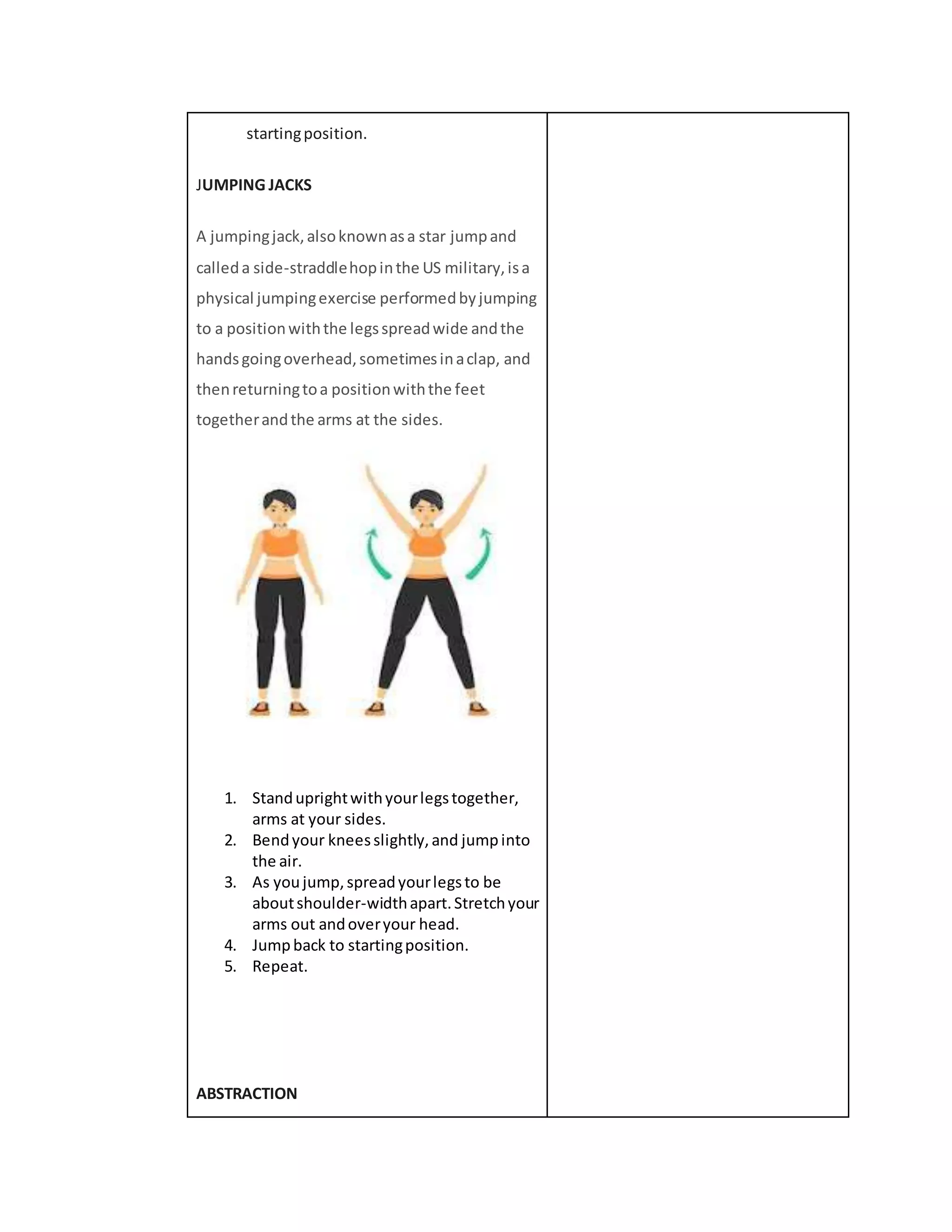 startingposition.
JUMPING JACKS
A jumpingjack,alsoknownasa star jumpand
calleda side-straddlehopinthe US military,isa
physical jumpingexercise performedbyjumping
to a positionwiththe legsspreadwide andthe
handsgoingoverhead,sometimesinaclap, and
thenreturningtoa positionwiththe feet
togetherandthe arms at the sides.
1. Standuprightwithyourlegstogether,
arms at your sides.
2. Bendyour kneesslightly,and jumpinto
the air.
3. As youjump,spreadyourlegsto be
aboutshoulder-widthapart.Stretchyour
arms out andoveryour head.
4. Jumpback to startingposition.
5. Repeat.
ABSTRACTION
 