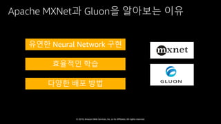 © 2018, Amazon Web Services, Inc. or Its Affiliates. All rights reserved.
Apache MXNet과 Gluon을 알아보는 이유
유연한 Neural Network 구현
효율적인 학습
다양한 배포 방법
 