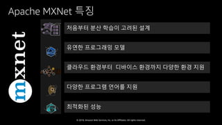 © 2018, Amazon Web Services, Inc. or Its Affiliates. All rights reserved.
유연한 프로그래밍 모델
클라우드 환경부터 디바이스 환경까지 다양한 환경 지원
다양한 프로그램 언어를 지원
최적화된 성능
Apache MXNet 특징
처음부터 분산 학습이 고려된 설계
 