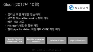 © 2018, Amazon Web Services, Inc. or Its Affiliates. All rights reserved.
• 딥러닝 모델 개발을 단순하게
• 유연한 Neural Network 구현이 가능
• 빠른 성능 제공
• Microsoft 협업을 통한 개발
• 현재 Apache MXNet 지원이며 CNTK 지원 예정
Simple, Easy-to-
Understand Code
Flexible, Imperative
Structure
Dynamic Graphs High Performance
Gluon (2017년 10월)
 