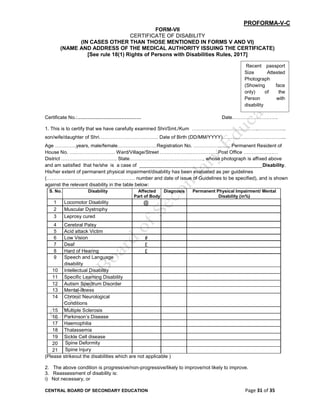 CENTRAL BOARD OF SECONDARY EDUCATION Page 31 of 35
PROFORMA-V-C
FORM-VII
CERTIFICATE OF DISABILITY
(IN CASES OTHER THAN THOSE MENTIONED IN FORMS V AND VI)
(NAME AND ADDRESS OF THE MEDICAL AUTHORITY ISSUING THE CERTIFICATE)
[See rule 18(1) Rights of Persons with Disabilities Rules, 2017]
Certificate No.:………………………………… Date……………………….
1. This is to certify that we have carefully examined Shri/Smt./Kum …………………………………..……………..
son/wife/daughter of Shri……………………………… Date of Birth (DD/MM/YYYY)………………………………...
Age ………….years, male/female……………………Registration No. ……………......... Permanent Resident of
House No. ….…………………… Ward/Village/Street ……………….……………..Post Office …………………
District ……………………………. State………………………………………, whose photograph is affixed above
and am satisfied that he/she is a case of _____________________________________________Disability.
His/her extent of permanent physical impairment/disability has been evaluated as per guidelines
(……………………………………………… number and date of issue of Guidelines to be specified), and is shown
against the relevant disability in the table below:
S. No. Disability Affected
Part of Body
Diagnosis Permanent Physical Impairment/ Mental
Disability (in%)
1 Locomotor Disability @
2 Muscular Dystrophy
3 Leprosy cured
4 Cerebral Palsy
5 Acid attack Victim
6 Low Vision #
7 Deaf £
8 Hard of Hearing £
9 Speech and Language
disability
10 Intellectual Disability
11 Specific Learning Disability
12 Autism Spectrum Disorder
13 Mental-illness
14 Chronic Neurological
Conditions
15 Multiple Sclerosis
16 Parkinson’s Disease
17 Haemophilia
18 Thalassemia
19 Sickle Cell disease
20 Spine Deformity
21 Spine Injury
(Please strikeout the disabilities which are not applicable )
2. The above condition is progressive/non-progressive/likely to improve/not likely to improve.
3. Reassessment of disability is:
i) Not necessary, or
Recent passport
Size Attested
Photograph
(Showing face
only) of the
Person with
disability
 
