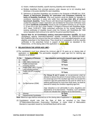 CENTRAL BOARD OF SECONDARY EDUCATION Page 4 of 35
d) Autism, intellectual disability, specific learning disability and mental illness;
e) Multiple disabilities from amongst persons under clauses (a) to (d) including deaf-
blindness in the posts identified for each disabilities.
f) Definitions of Specified Disabilities are provided in the Schedule of RPwBD Act, 2016.
Degree of Benchmark Disability for reservation and Competent Authority for
Issue of Disability Certificate: Only such persons would be eligible for relaxation in
conditions/ reservation in posts who suffer from not less than 40% of relevant
benchmark disability. Those Persons with Benchmark Disabilities (PwBD) who have
availed the relaxation and/or reservation and shortlisted for Document Verification have
to submit Certificate of Disability issued by the Competent Authority as per the form
V, VI and VII of rule 18(1) under chapter 7 of Rights of Persons with Disabilities Rules,
2017 dated 15.06.2017. Refer prescribed proformas for the revised formats. The
existing certificates of disability issued under the Persons with Disabilities Act 1995
(since repealed) shall continue to be valid for the period specified therein.
(xi) Special Note for all Candidate(s) seeking reservation/relaxation benefits: All those
candidate(s) seeking reservation/relaxation benefits available for EWS/SC/ST/OBC-
NCL/PwBD/Ex-SM must ensure that they are entitled to such reservation/relaxation as per
eligibility prescribed in the Rules/notice. They should be in possession of all the requisite
certificates in the prescribed format in support of their claim as stipulated in the
Rules/notice., on the closing date of the application i.e. 31.01.2025.
2. RELAXATION IN THE UPPER AGE LIMIT:-
(i) The candidate(s) must have attained the minimum age of 18 years as on closing date of
application i.e. 31.01.2025. The permissible relaxation in upper age limit for claiming age
relaxation is as follows:
S. No. Category of Persons Age-relaxation permissible beyond upper age limit
1) SC/ST 5 Years
2) OBC (NCL) Centre List 3 Years
3)
PwBD (Unreserved)
including women
10 Years
4)
PwBD [OBC (NCL) Centre
List] including women
13 Years
5)
PwBD (SC/ST) including
women
15 Years
6) Ex-Servicemen (ESM)
For Group B and C posts: an ex-servicemen shall be
allowed to deduct the period of actual military service from
his actual age and if the resultant age does not exceed the
maximum age limit prescribed for the post for which he is
seeking appointment by more than three years, he shall be
deemed to satisfy the condition regarding age limit.
(Age relaxation is not admissible to sons, daughters and
dependents of Ex-Servicemen. Therefore, such candidate
should not indicate their category as Ex-Servicemen.)
7) Women 10 Years
8) Departmental Candidates No Bar
Note: Maximum age shall be reckoned as on the closing date of application i.e. 31.01.2025.
(ii) Candidate(s) should note that the Date of Birth as recorded in the Class
10th
/Matriculation/Secondary Examination Certificate, or marks sheet of Matriculation
Standard or equivalent issued by Central/State Board will be valid.
 