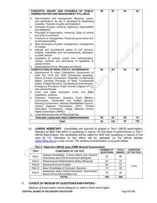 CENTRAL BOARD OF SECONDARY EDUCATION Page 9 of 35
CONCEPTS, ISSUED AND DYNAMICS OF PUBLIC
ADMINISTRATION AND MANAGEMENT SYLLABUS
 Administration and management: Meaning, nature,
and significance, its role in developed & developing
societies. Theories of public administration.
 Concepts of power, authority, legitimacy, responsibility
and delegation
 Principles of organization: Hierarchy, Span of control
and unity of command
 Functions of management, Corporate governance and
social responsibility
 New dimensions of public management, management
of change
 Attitude and foundational values of civil services:
integrity, impartiality and non-partisanship, dedication
to public service
 Legislative & Judicial control over administration:
various methods and techniques of legislative &
judicial control
 Administrative Ethics, Motivation and Moral.
08 24 04 20
CONSTITUTION OF INDIA, POLITY, GOVERNANCE
 Development & Indian Constitution: Government of
India Act: 1919 and 1935, Constituent Assembly,
Nature of Indian Constitution, Preamble, Fundamental
Rights, Directive Principles of State, Fundamental
Duties, Federal Structure, Constitutional Amendments,
Emergency Provisions, Public Interest Litigation (P.I.L)
and Judicial Review
 Union and State Executive; Union and State
Legislative, Judiciary
 President, Parliament, Supreme Court, Election
Commission, Comptroller and Auditor General,
Planning Commission, National Development Council,
Central Vigilance Commission (CVC), Central
Information Commission, Lokpal, National Human
Rights Commission (NHRC).
 Local Self-Government & Panchayati Raj
08 24 04 20
ENGLISH LANGUAGE AND COMPREHENSION 08 24 02 10
Total 50 150 30 150
(ii) JUNIOR ASSISTANT: Candidates are required to appear in Tier-1 (MCQ) examination,
followed by Skill Test which is qualifying in nature. On the basis of performance in Tier-1
(MCQ) Examination, the candidates will be called for Skill Test (qualifying in nature) in the
ratio of 1:5. Intimation to this effect will be uploaded on the official website
https://cbse.gov.in in due course. The scheme of examination is as given below:
Tier-1: Objective (MCQ) type (OMR Based) Examination:
TEST COMPONENT OF THE TEST
NUMBER OF
QUESTIONS
TOTAL
MARKS
DURATION
OF THE TEST
Part-I
General Knowledge, Current Affairs and General
Awareness about the Environment (Bilingual).
30 90
2 hrs
Part-II Reasoning and Mathematical Ability (Bilingual) 25 75
Part-III General Hindi and English 25 75
Part-IV Basic Knowledge of Computer Operation 10 30
Part-V
Awareness about School Education, Examination
Board and its Administration etc.
10 30
TOTAL 100 300
7. CHOICE OF MEDIUM OF QUESTION/EXAM PAPERS:-
Medium of Examination will be bilingual i.e. both in Hindi and English.
 