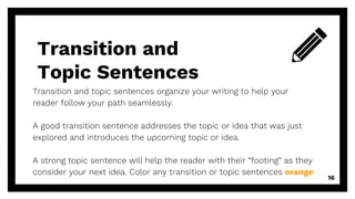 Transition and
Topic Sentences
Transition and topic sentences organize your writing to help your
reader follow your path seamlessly.
A good transition sentence addresses the topic or idea that was just
explored and introduces the upcoming topic or idea.
A strong topic sentence will help the reader with their “footing” as they
consider your next idea. Color any transition or topic sentences orange
16
 