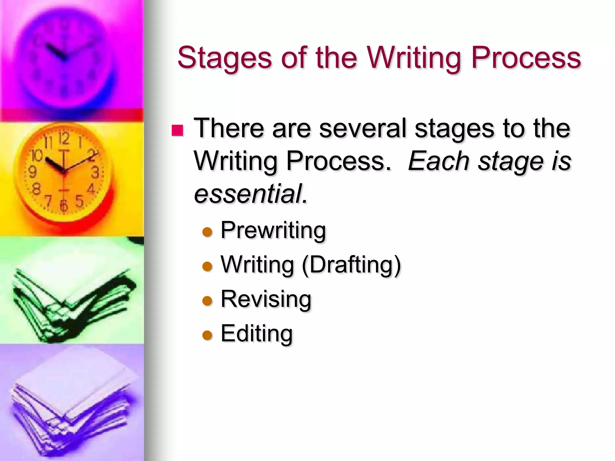 Stages of the Writing Process

   There are several stages to the
    Writing Process. Each stage is
    essential.
     Prewriting
     Writing (Drafting)

     Revising

     Editing
 