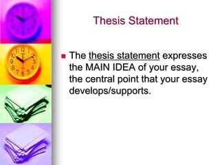 Thesis Statement


   The thesis statement expresses
    the MAIN IDEA of your essay,
    the central point that your essay
    develops/supports.
 