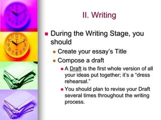 II. Writing

   During the Writing Stage, you
    should
     Create your essay’s Title
     Compose a draft
         A Draft is the first whole version of all
          your ideas put together; it’s a “dress
          rehearsal.”
         You should plan to revise your Draft
          several times throughout the writing
          process.
 