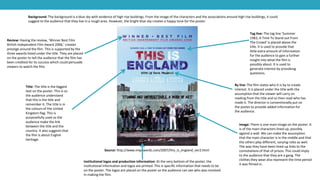 Source: http://www.impawards.com/2007/this_is_england_ver2.html
Title: The title is the biggest
text on the poster. This is so
the audience understand
that this is the title and
remember it. The title is in
the colours of the United
Kingdom flag. This is
purposefully used so the
audience make the link
between the title and the
country. It also suggests that
the film is about English
heritage.
Review: Having the review, ‘Winner Best Film
British Independent Film Award 2006,’ creates
prestige around the film. This is supported by the
three awards listed under the title. They are placed
on the poster to tell the audience that the film has
been credited for its success which could persuade
viewers to watch the film.
Image: There is one main image on the poster. It
is of the main characters lined up, possibly
against a wall. We can make the assumption
that the main character is in the middle and that
the others play different, varying roles as well.
The way they have been lined up links to the
connotations of that of prison. This could imply
to the audience that they are a gang. The
clothes they wear also represent the time period
it was filmed in.
Tag line: The tag line ‘Summer
1983, A Time To Stand out From
The Crowd’ is placed above the
title. It is used to provide that
little extra amount of information
for the audience to gain a further
insight into what the film is
possibly about. It is used to
generate interest by provoking
questions.
Background: The background is a blue sky with evidence of high rise buildings. From the image of the characters and the associations around high rise buildings, it could
suggest to the audience that they live in a rough area. However, the bright blue sky creates a happy tone for the poster.
Institutional logos and production information: At the very bottom of the poster, the
institutional information and logos are printed. This is specific information that needs to be
on the poster. The logos are placed on the poster so the audience can see who was involved
in making the film.
By line: The film states who it is by to create
interest. It is placed under the title with the
assumption that the viewer will carry on
reading from the title and so then read who has
made it. The director is conventionally put on
the poster to provide added information for
the audience.
 