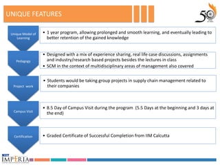 UNIQUE FEATURES

 Unique Model of   • 1 year program, allowing prolonged and smooth learning, and eventually leading to
     Learning        better retention of the gained knowledge


                   • Designed with a mix of experience sharing, real life case discussions, assignments
    Pedagogy         and industry/research based projects besides the lectures in class
                   • SCM in the context of multidisciplinary areas of management also covered

                   • Students would be taking group projects in supply chain management related to
  Project work       their companies



                   • 8.5 Day of Campus Visit during the program (5.5 Days at the beginning and 3 days at
  Campus Visit
                     the end)



   Certification   • Graded Certificate of Successful Completion from IIM Calcutta
 