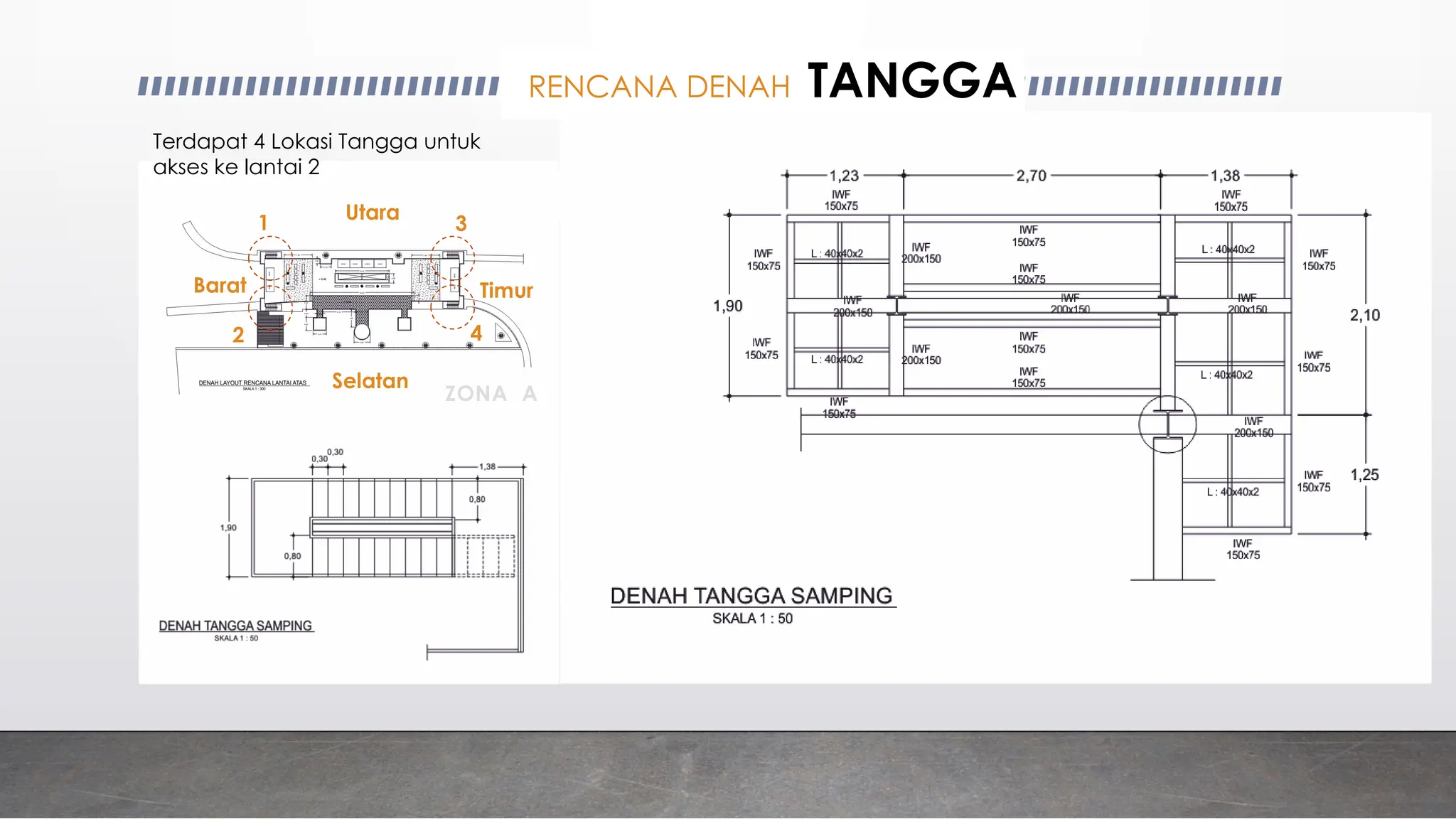 RENCANA DENAH TANGGA
1 3
2 4
Timur
Barat
Utara
Selatan
Terdapat 4 Lokasi Tangga untuk
akses ke lantai 2
ZONA A
 
