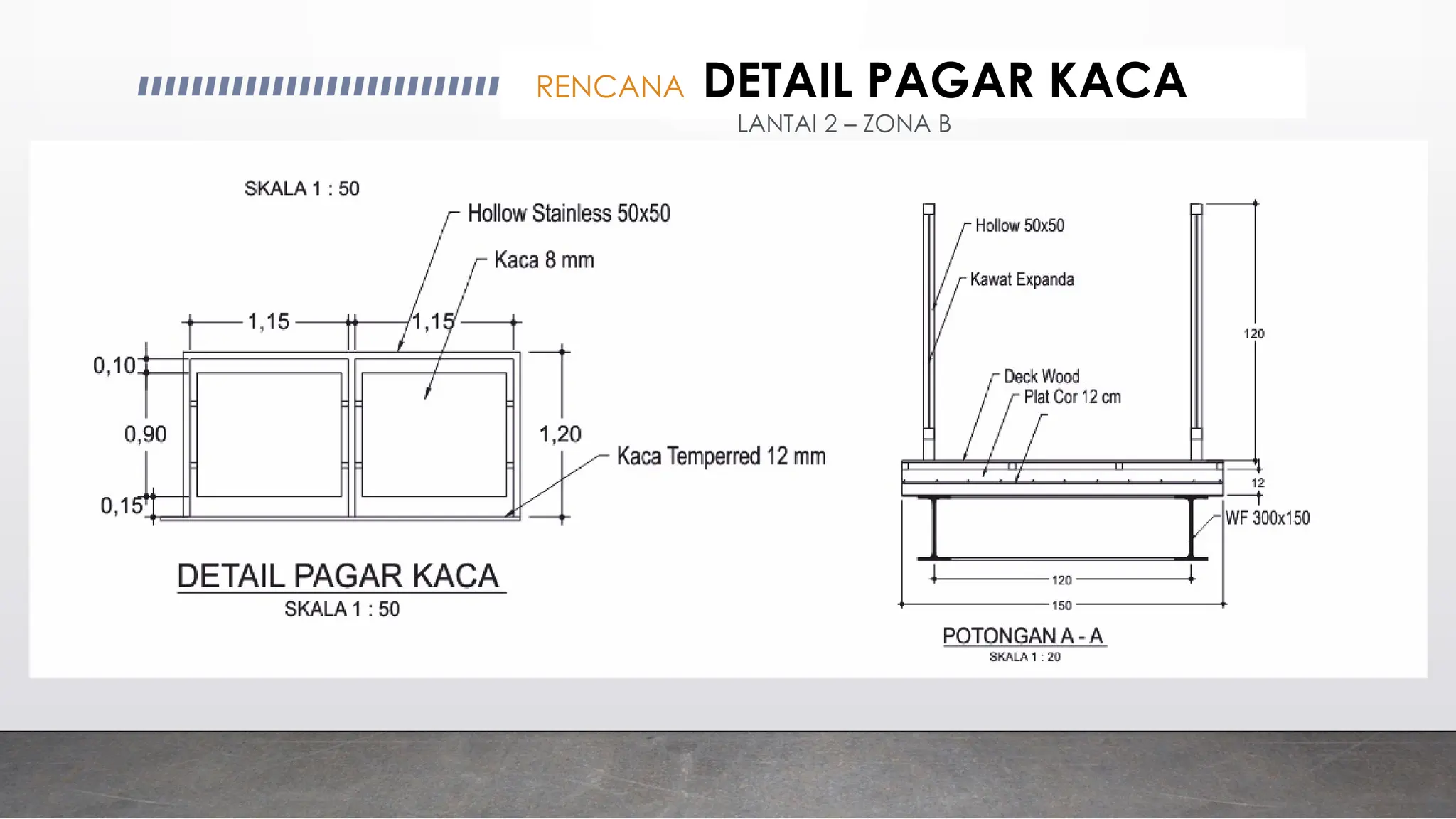 RENCANA DETAIL PAGAR KACA
LANTAI 2 – ZONA B
 