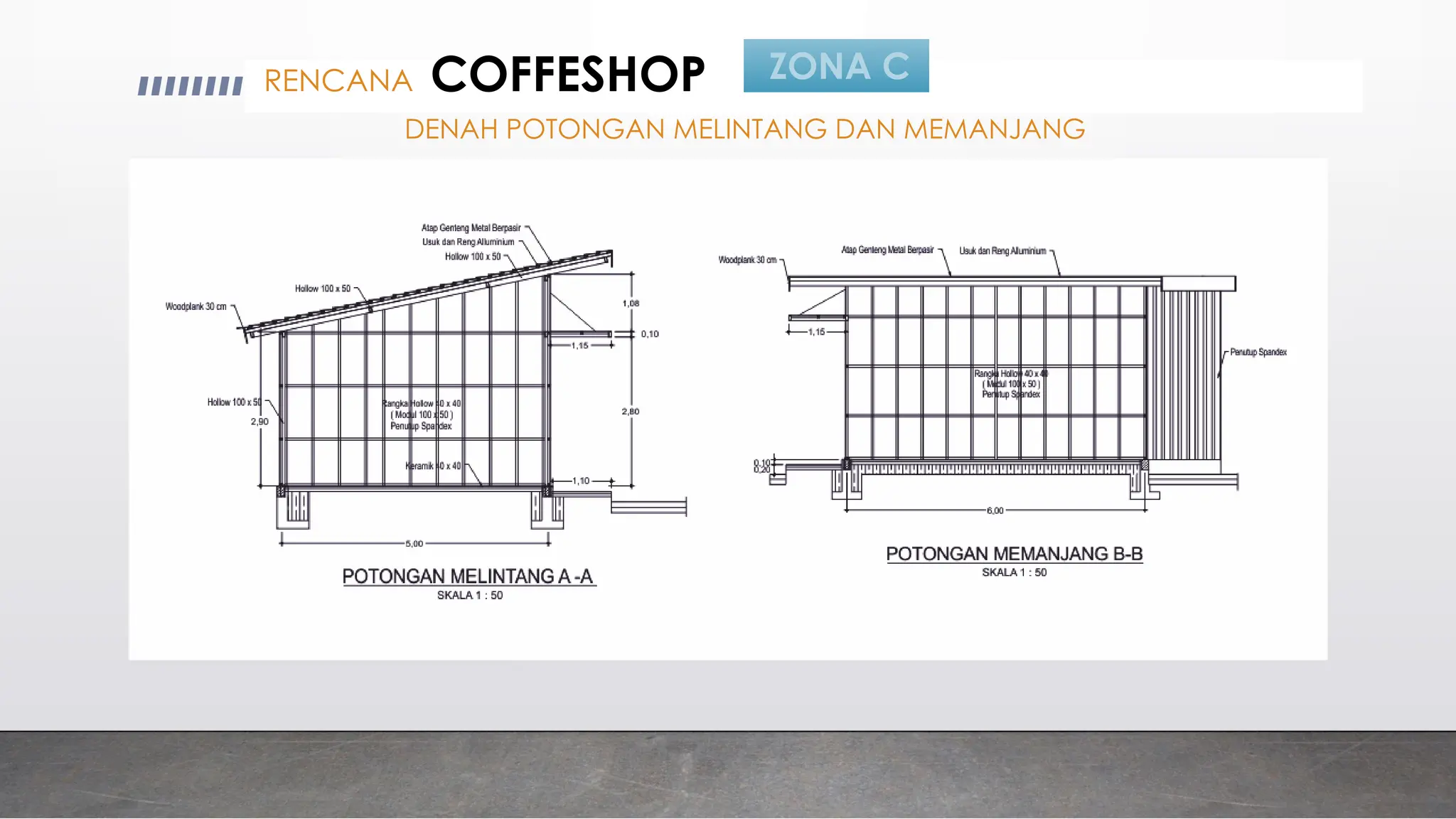 ZONA C
DENAH POTONGAN MELINTANG DAN MEMANJANG
RENCANA COFFESHOP
 