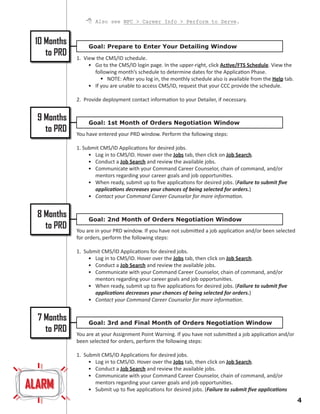  Also see NPC  Career Info  Perform to Serve.


 10 Months   You are approaching your PRD window. Perform the following steps:
                  Goal: Prepare to Enter Your Detailing Window
    to PRD   1. View the CMS/ID schedule.
                  • Go to the CMS/ID login page. In the upper-right, click Active/FTS Schedule. View the
                    following month’s schedule to determine dates for the Application Phase.
                        NOTE: After you log in, the monthly schedule also is available from the Help tab.
                  • If you are unable to access CMS/ID, request that your CCC provide the schedule.

             2. Provide deployment contact information to your Detailer, if necessary.


  9 Months        Goal: 1st Month of Orders Negotiation Window
    to PRD   You have entered your PRD window. Perform the following steps:

             1. Submit CMS/ID Applications for desired jobs.
                  • Log in to CMS/ID. Hover over the Jobs tab, then click on Job Search.
                  • Conduct a Job Search and review the available jobs.
                  • Communicate with your Command Career Counselor, chain of command, and/or
                    mentors regarding your career goals and job opportunities.
                  • When ready, submit up to five applications for desired jobs. (Failure to submit five
                    applications decreases your chances of being selected for orders.)
                  • Contact your Command Career Counselor for more information.


  8 Months        Goal: nd Month of Orders Negotiation Window
    to PRD   You are in your PRD window. If you have not submitted a job application and/or been selected
             for orders, perform the following steps:

             1. Submit CMS/ID Applications for desired jobs.
                  • Log in to CMS/ID. Hover over the Jobs tab, then click on Job Search.
                  • Conduct a Job Search and review the available jobs.
                  • Communicate with your Command Career Counselor, chain of command, and/or
                    mentors regarding your career goals and job opportunities.
                  • When ready, submit up to five applications for desired jobs. (Failure to submit five
                    applications decreases your chances of being selected for orders.)
                  • Contact your Command Career Counselor for more information.


  7 Months        Goal: rd and Final Month of Orders Negotiation Window
    to PRD   You are at your Assignment Point Warning. If you have not submitted a job application and/or
             been selected for orders, perform the following steps:

             1. Submit CMS/ID Applications for desired jobs.
                  • Log in to CMS/ID. Hover over the Jobs tab, then click on Job Search.
                  • Conduct a Job Search and review the available jobs.
                  • Communicate with your Command Career Counselor, chain of command, and/or
ALARM               mentors regarding your career goals and job opportunities.
                  • Submit up to five applications for desired jobs. (Failure to submit five applications
                                                                                                             
 