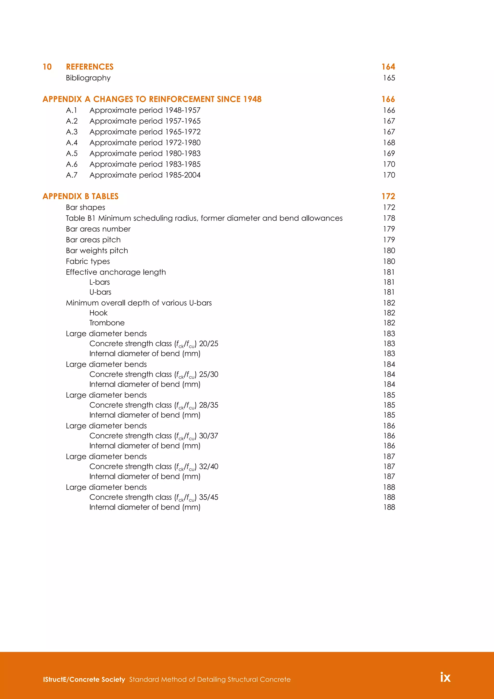 IStructE/Concrete Society Standard Method of Detailing Structural Concrete ix

10 	References	164
Bibliography 	 165
APPENDIX A CHANGES TO REINFORCEMENT SINCE 1948	166
A.1	 Approximate period 1948-1957	 166
A.2	 Approximate period 1957-1965	 167
A.3	 Approximate period 1965-1972	 167
A.4	 Approximate period 1972-1980	 168
A.5	 Approximate period 1980-1983	 169
A.6	 Approximate period 1983-1985	 170
A.7	 Approximate period 1985-2004	 170
Appendix B TABLES	172
Bar shapes	 172
Table B1 Minimum scheduling radius, former diameter and bend allowances	 178
Bar areas number	 179
Bar areas pitch	 179
Bar weights pitch	 180
Fabric types	 180
Effective anchorage length	 181
L-bars			 181
U-bars			 181
Minimum overall depth of various U-bars	 182
Hook			 182
Trombone	 182
Large diameter bends	 183
Concrete strength class (fck/fcu) 20/25	 183
Internal diameter of bend (mm)	 183
Large diameter bends	 184
Concrete strength class (fck/fcu) 25/30	 184
Internal diameter of bend (mm)	 184
Large diameter bends	 185
Concrete strength class (fck/fcu) 28/35	 185
Internal diameter of bend (mm)	 185
Large diameter bends	 186
Concrete strength class (fck/fcu) 30/37	 186
Internal diameter of bend (mm)	 186
Large diameter bends	 187
Concrete strength class (fck/fcu) 32/40	 187
Internal diameter of bend (mm)	 187
Large diameter bends	 188
Concrete strength class (fck/fcu) 35/45	 188
Internal diameter of bend (mm)	 188
 