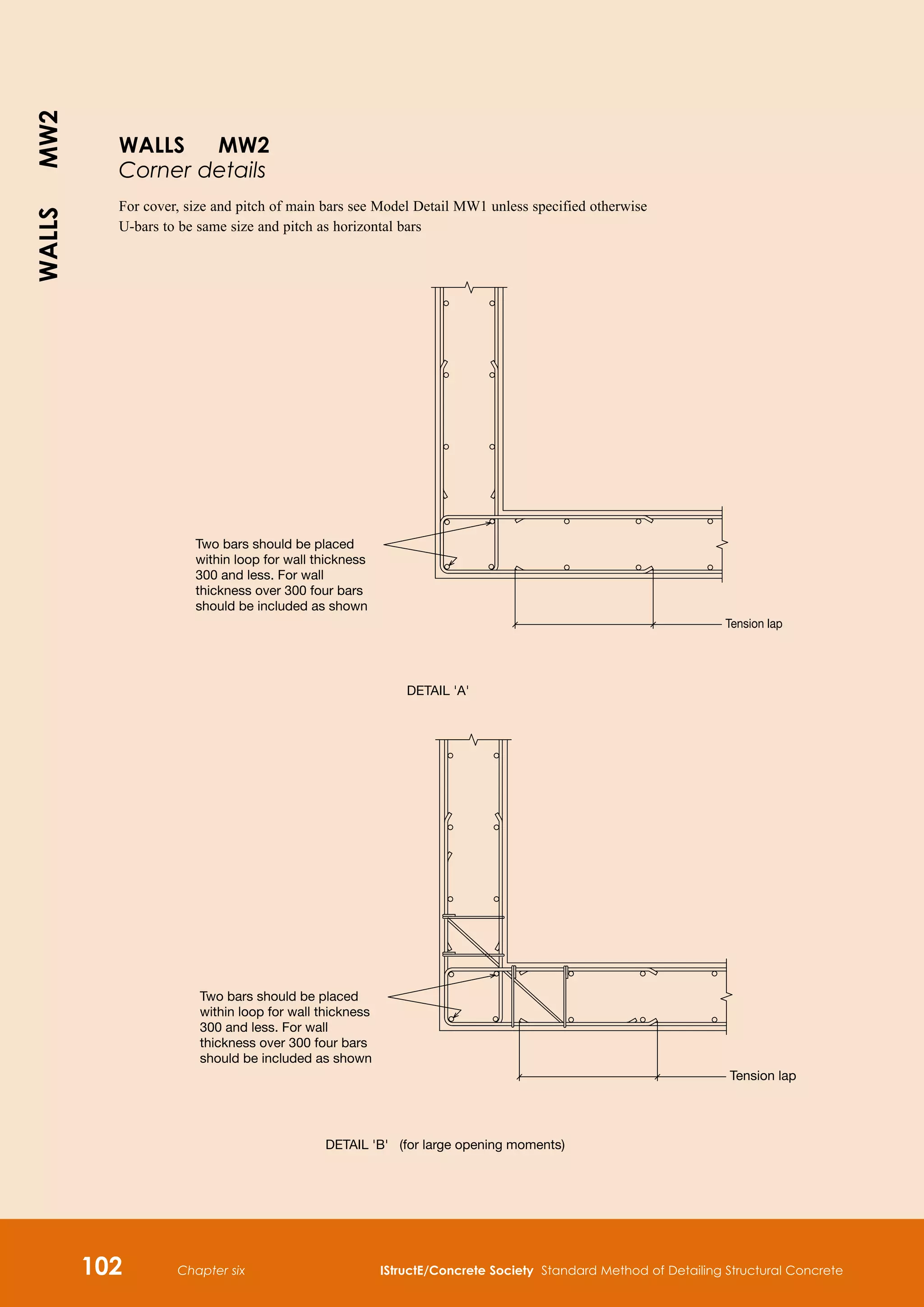 Chapter six IStructE/Concrete Society Standard Method of Detailing Structural Concrete
102
Tension lap
Two bars should be placed
within loop for wall thickness
300 and less. For wall
thickness over 300 four bars
should be included as shown
Two bars should be placed
within loop for wall thickness
300 and less. For wall
thickness over 300 four bars
should be included as shown
Tension lap
DETAIL 'A'
DETAIL 'B' (for large opening moments)
WALLS MW2
Corner details
For cover, size and pitch of main bars see Model Detail MW1 unless specified otherwise
U-bars to be same size and pitch as horizontal bars
WALLS
MW2
 