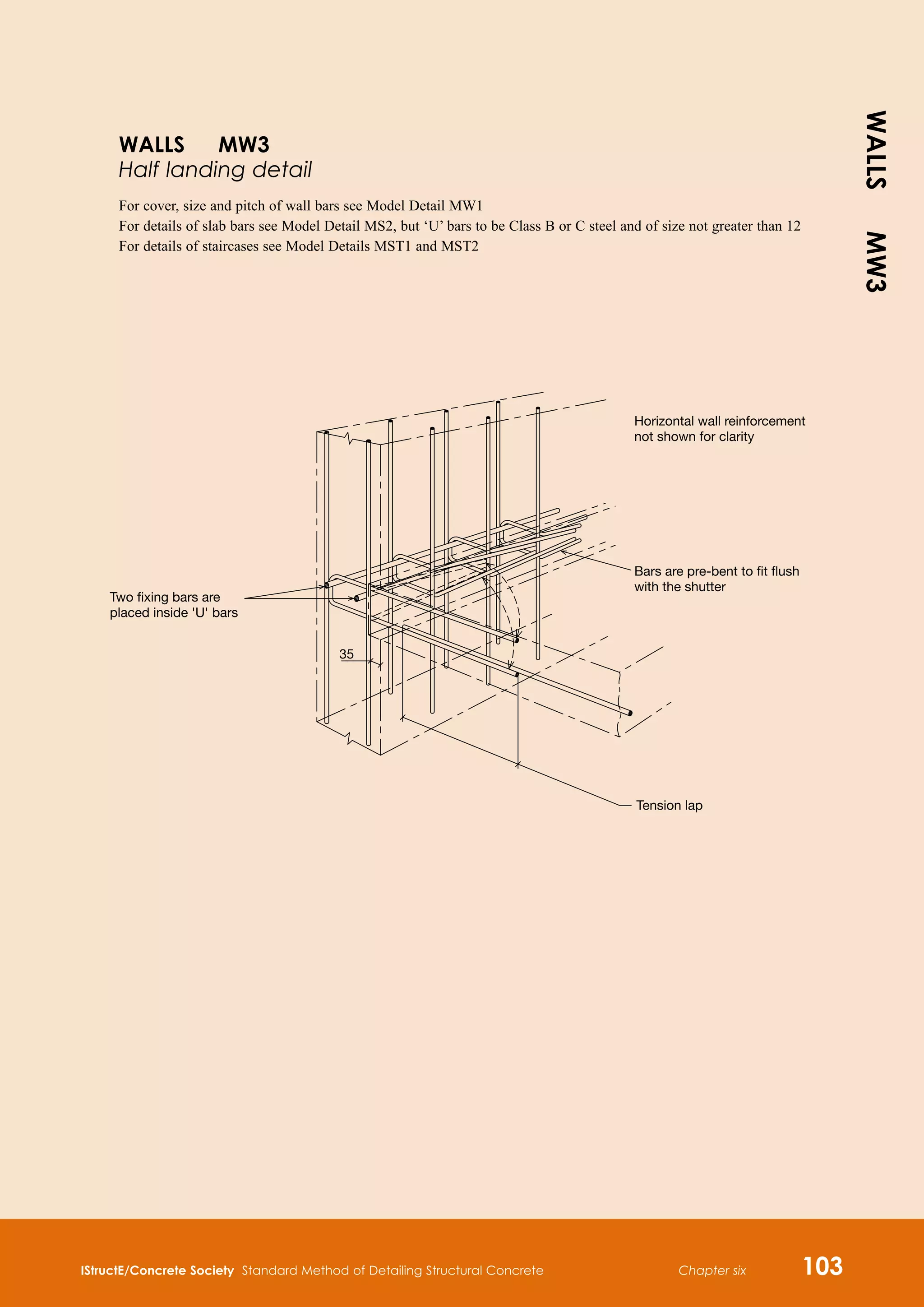 IStructE/Concrete Society Standard Method of Detailing Structural Concrete Chapter six 103
Horizontal wall reinforcement
not shown for clarity
Bars are pre-bent to fit flush
with the shutter
Tension lap
35
Two fixing bars are
placed inside 'U' bars
WALLS MW3
Half landing detail
For cover, size and pitch of wall bars see Model Detail MW1
For details of slab bars see Model Detail MS2, but ‘U’ bars to be Class B or C steel and of size not greater than 12
For details of staircases see Model Details MST1 and MST2
WALLS
MW3
 