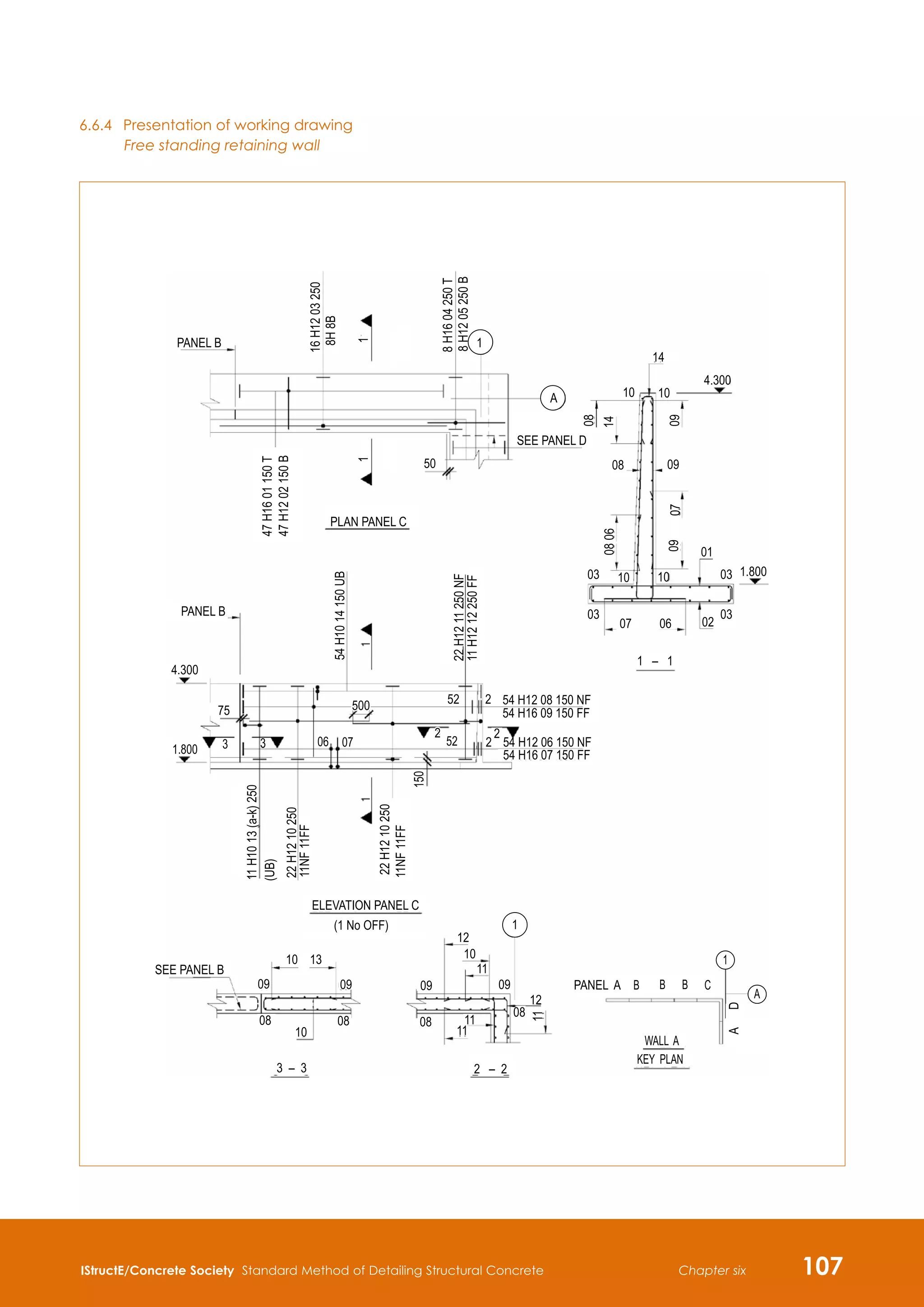 IStructE/Concrete Society Standard Method of Detailing Structural Concrete 107
Chapter six
6.6.4	 Presentation of working drawing
	 Free standing retaining wall
8
H12
05
250
B
PANEL B
150
1.800
52
07
06
3 3 2
10
SEE PANEL B
09
13
09 09
12
ELEVATION PANEL C
(1 No OFF)
10
11
09
1
12
B B B C
A
KEY PLAN
WALL A
PANEL A
08
11
11
08
08
10
08
2 – 2
3 – 3
2
2
2
52
2
52
500
75
54 H12 08 150 NF
54 H12 06 150 NF
54 H16 09 150 FF
54 H16 07 150 FF
PLAN PANEL C
PANEL B
4.300
07
1 – 1
06 02
03
1.800
03
01
10
10
03
03
A
1
SEE PANEL D
50
4.300
10
08 09
10
14
8
H16
04
250
T
47
H12
02
150
B
08
06
11
H12
12
250
FF
22
H12
11
250
NF
54
H10
14
150
UB
(UB)
11
H10
13
(a-k)
250
22
H12
10
250
11NF
11FF
11
A
D
11NF
11FF
22
H12
10
250
16
H12
03
250
47
H16
01
150
T
8H
8B
1
1
14
09
07
09
08
1
 