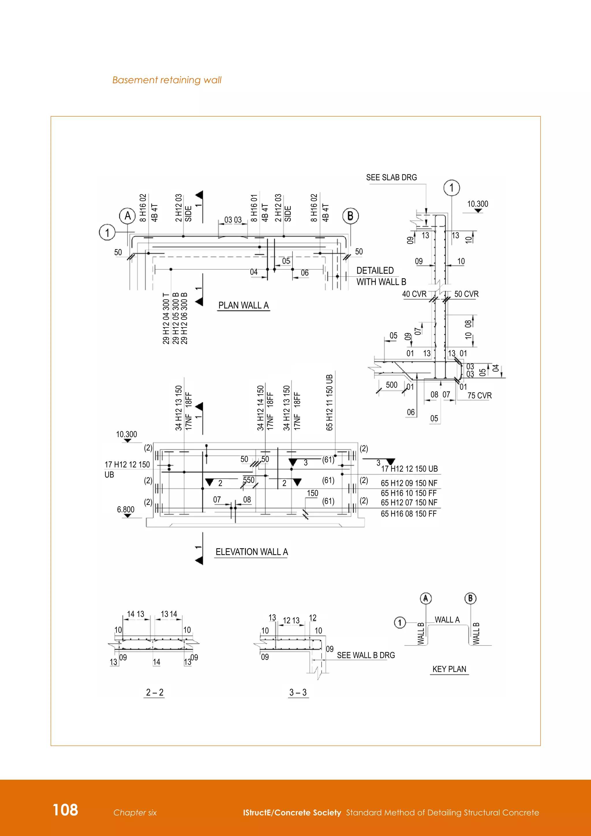 108 IStructE/Concrete Society Standard Method of Detailing Structural Concrete
Chapter six
Basement retaining wall
8
H16
02
29
H12
04
300
T
34
H12
13
150
34
H12
13
150
34
H12
14
150
65
H12
11
150
UB
17NF
18FF
17NF
18FF
17NF
18FF
29
H12
05
300
B
29
H12
06
300
B
8
H16
02
8
H16
01
03 03
A B
1
1
50
04
05
50
13 13
10.300
50 CVR
75 CVR
40 CVR
10
03
03
500
08 07
06
09
01
01
01
05
(2)
(61)
(61)
(61)
(2)
(2)
3
3
150
550
50 50
08
07
14 14
14
10 10 10
10
09 09 09
09
A
WALL A
KEY PLAN
WALL
B
WALL
B
B
1
SEE WALL B DRG
SEE SLAB DRG
13 13
13 13 13 13
12 12
2
1
2
ELEVATION WALL A
PLAN WALL A
DETAILED
WITH WALL B
2 – 2 3 – 3
(2)
(2)
(2)
17 H12 12 150 UB
17 H12 12 150
UB
10.300
6.800
65 H12 09 150 NF
65 H16 10 150 FF
65 H12 07 150 NF
65 H16 08 150 FF
01
05
05
04
13 13
09
07
1
10
08
06
4B
4T
4B
4T
4B
4T
2
H12
03
SIDE
2
H12
03
09
10
SIDE
1
1
 