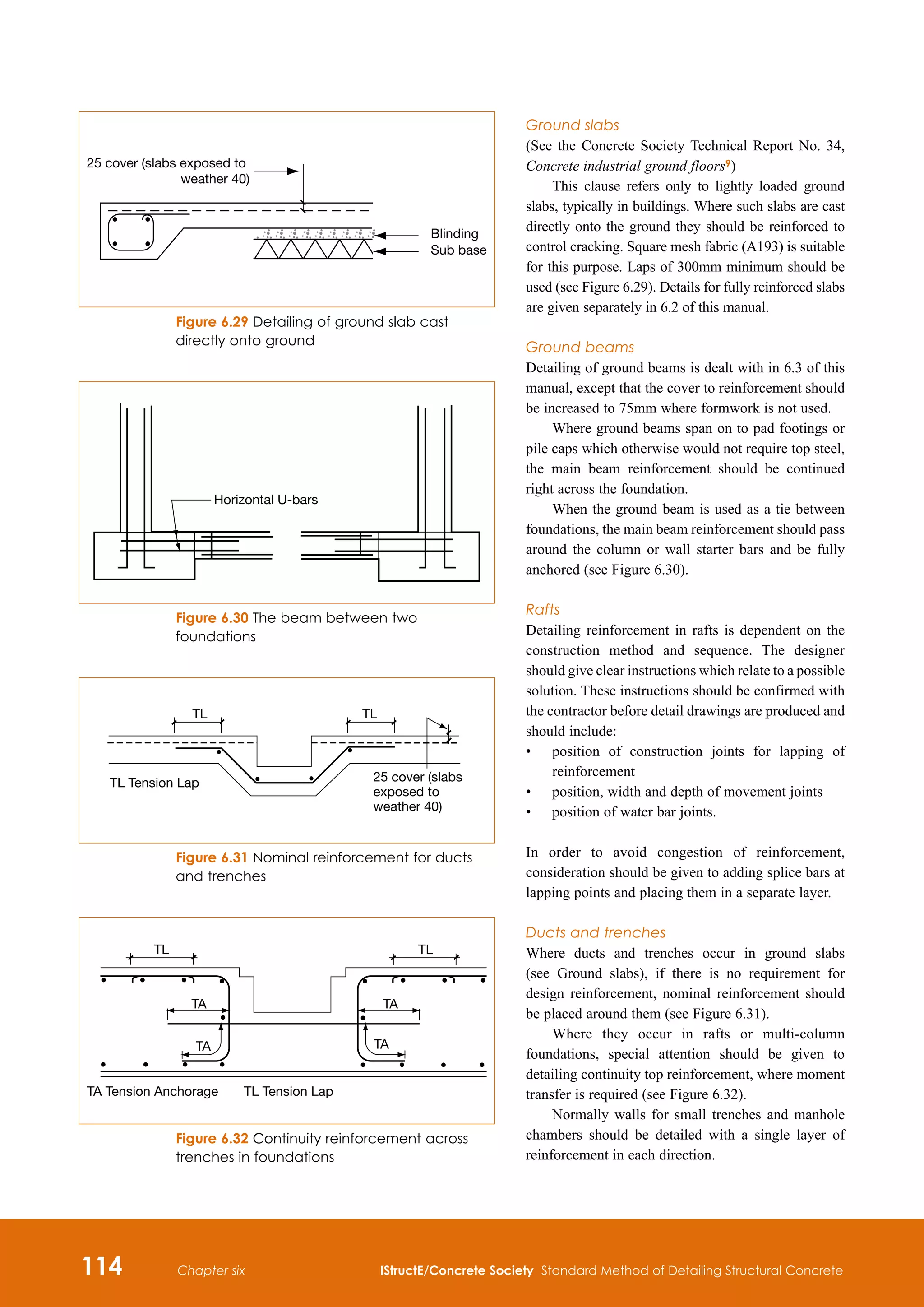 114 IStructE/Concrete Society Standard Method of Detailing Structural Concrete
Chapter six
Ground slabs
(See the Concrete Society Technical Report No. 34,
Concrete industrial ground floors9)
This clause refers only to lightly loaded ground
slabs, typically in buildings. Where such slabs are cast
directly onto the ground they should be reinforced to
control cracking. Square mesh fabric (A193) is suitable
for this purpose. Laps of 300mm minimum should be
used (see Figure 6.29). Details for fully reinforced slabs
are given separately in 6.2 of this manual.
Ground beams
Detailing of ground beams is dealt with in 6.3 of this
manual, except that the cover to reinforcement should
be increased to 75mm where formwork is not used.
Where ground beams span on to pad footings or
pile caps which otherwise would not require top steel,
the main beam reinforcement should be continued
right across the foundation.
When the ground beam is used as a tie between
foundations, the main beam reinforcement should pass
around the column or wall starter bars and be fully
anchored (see Figure 6.30).
Rafts
Detailing reinforcement in rafts is dependent on the
construction method and sequence. The designer
should give clear instructions which relate to a possible
solution. These instructions should be confirmed with
the contractor before detail drawings are produced and
should include:
•	
position of construction joints for lapping of
reinforcement
•	
position, width and depth of movement joints
•	
position of water bar joints.
In order to avoid congestion of reinforcement,
consideration should be given to adding splice bars at
lapping points and placing them in a separate layer.
Ducts and trenches
Where ducts and trenches occur in ground slabs
(see Ground slabs), if there is no requirement for
design reinforcement, nominal reinforcement should
be placed around them (see Figure 6.31).
Where they occur in rafts or multi-column
foundations, special attention should be given to
detailing continuity top reinforcement, where moment
transfer is required (see Figure 6.32).
Normally walls for small trenches and manhole
chambers should be detailed with a single layer of
reinforcement in each direction.
TL TL
TL Tension Lap 25 cover (slabs
exposed to
weather 40)
Figure 6.31 Nominal reinforcement for ducts
and trenches
Horizontal U-bars
Figure 6.30 The beam between two
foundations
25 cover (slabs exposed to
weather 40)
Blinding
Sub base
Figure 6.29 Detailing of ground slab cast
directly onto ground
TL TL
TA TA
TA TA
TA Tension Anchorage TL Tension Lap
Figure 6.32 Continuity reinforcement across
trenches in foundations
 