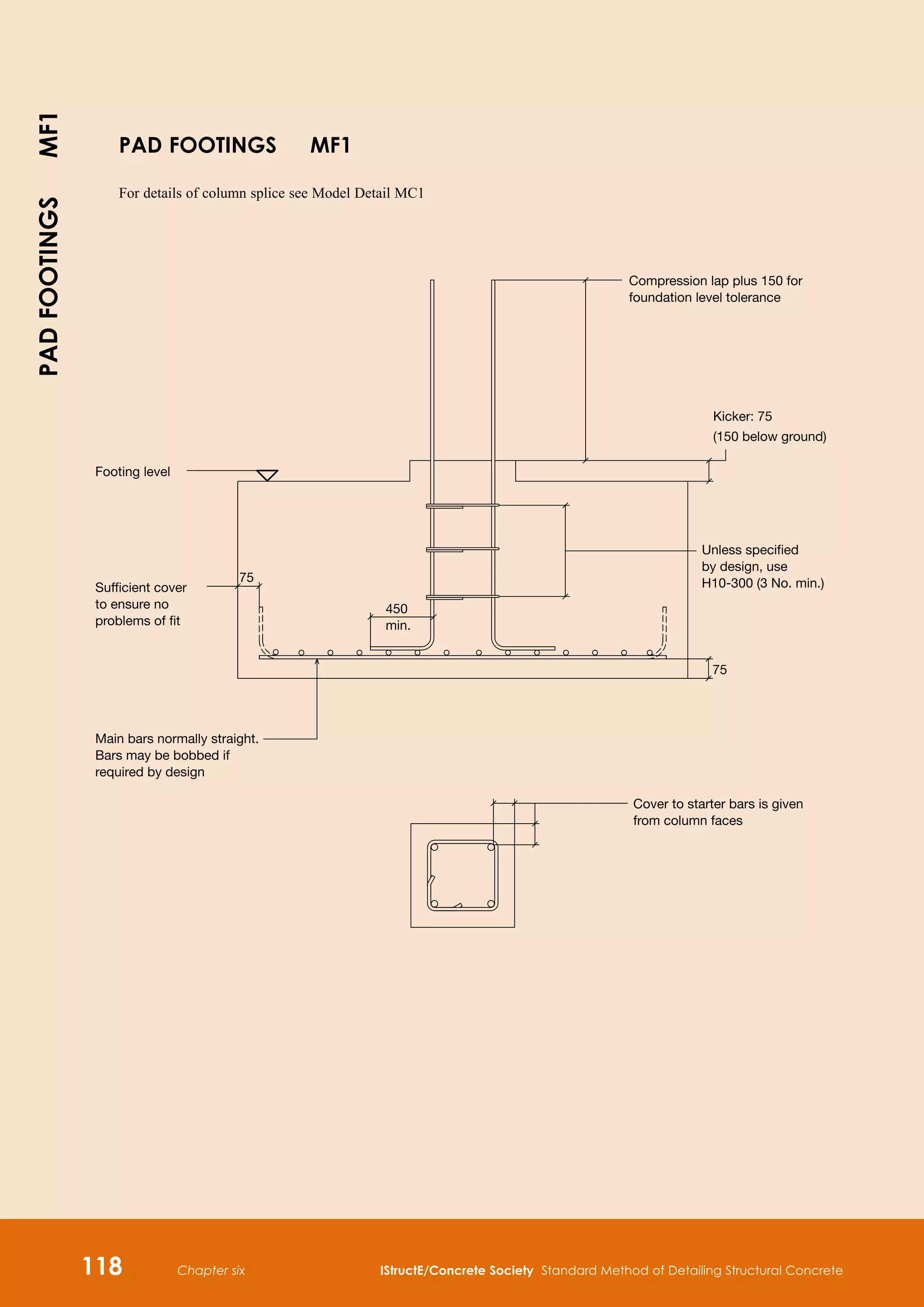 Chapter six IStructE/Concrete Society Standard Method of Detailing Structural Concrete
118
Footing level
Sufficient cover
to ensure no
problems of fit
Main bars normally straight.
Bars may be bobbed if
required by design
Compression lap plus 150 for
foundation level tolerance
Kicker: 75
(150 below ground)
Unless specified
by design, use
H10-300 (3 No. min.)
Cover to starter bars is given
from column faces
75
75
450
min.
PAD FOOTINGS MF1
For details of column splice see Model Detail MC1
PAD
FOOTINGS
MF1
 