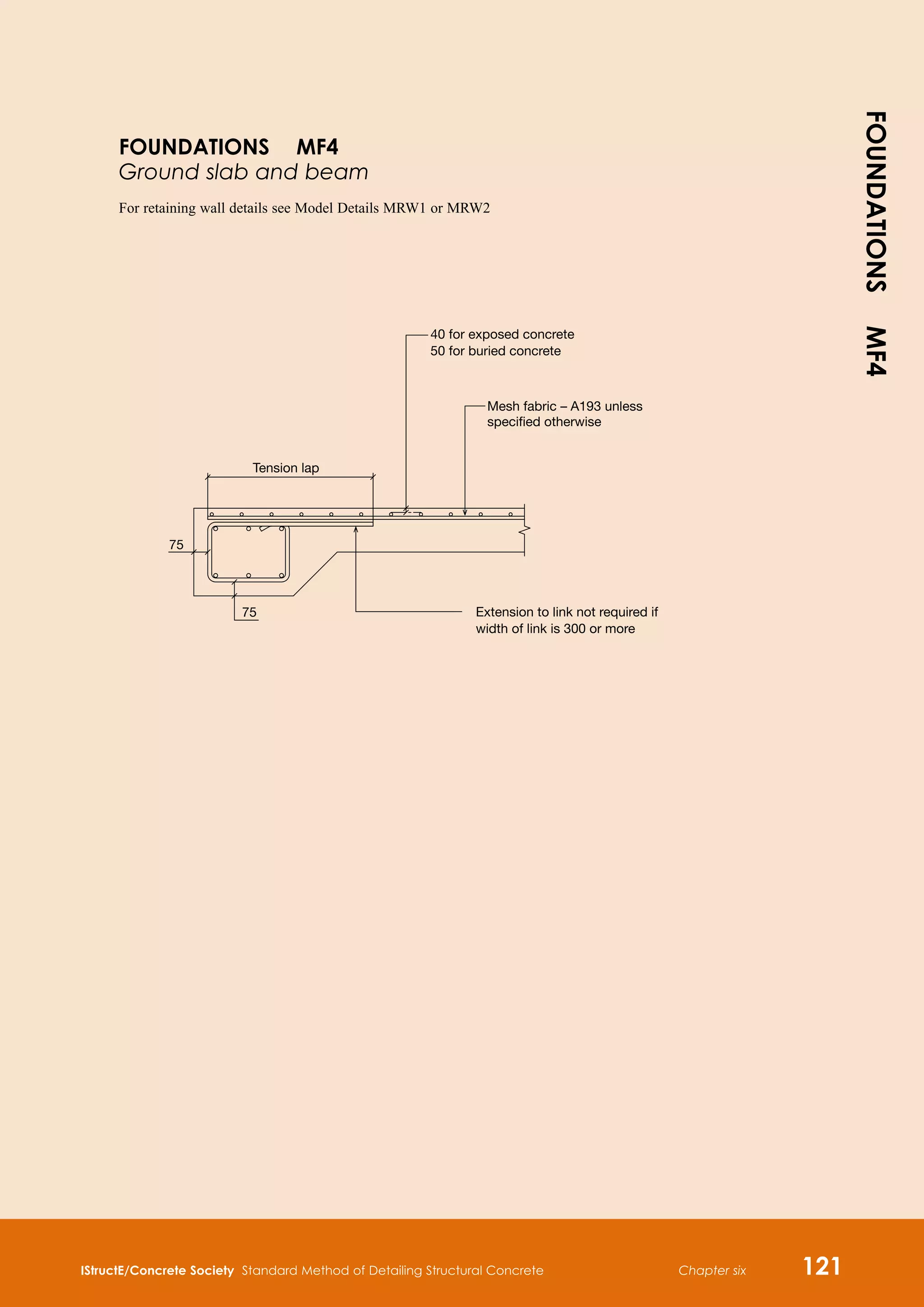IStructE/Concrete Society Standard Method of Detailing Structural Concrete Chapter six 121
40 for exposed concrete
50 for buried concrete
Mesh fabric – A193 unless
specified otherwise
Extension to link not required if
width of link is 300 or more
Tension lap
75
75
FOUNDATIONS MF4
Ground slab and beam
For retaining wall details see Model Details MRW1 or MRW2
FOUNDATIONS
MF4
 