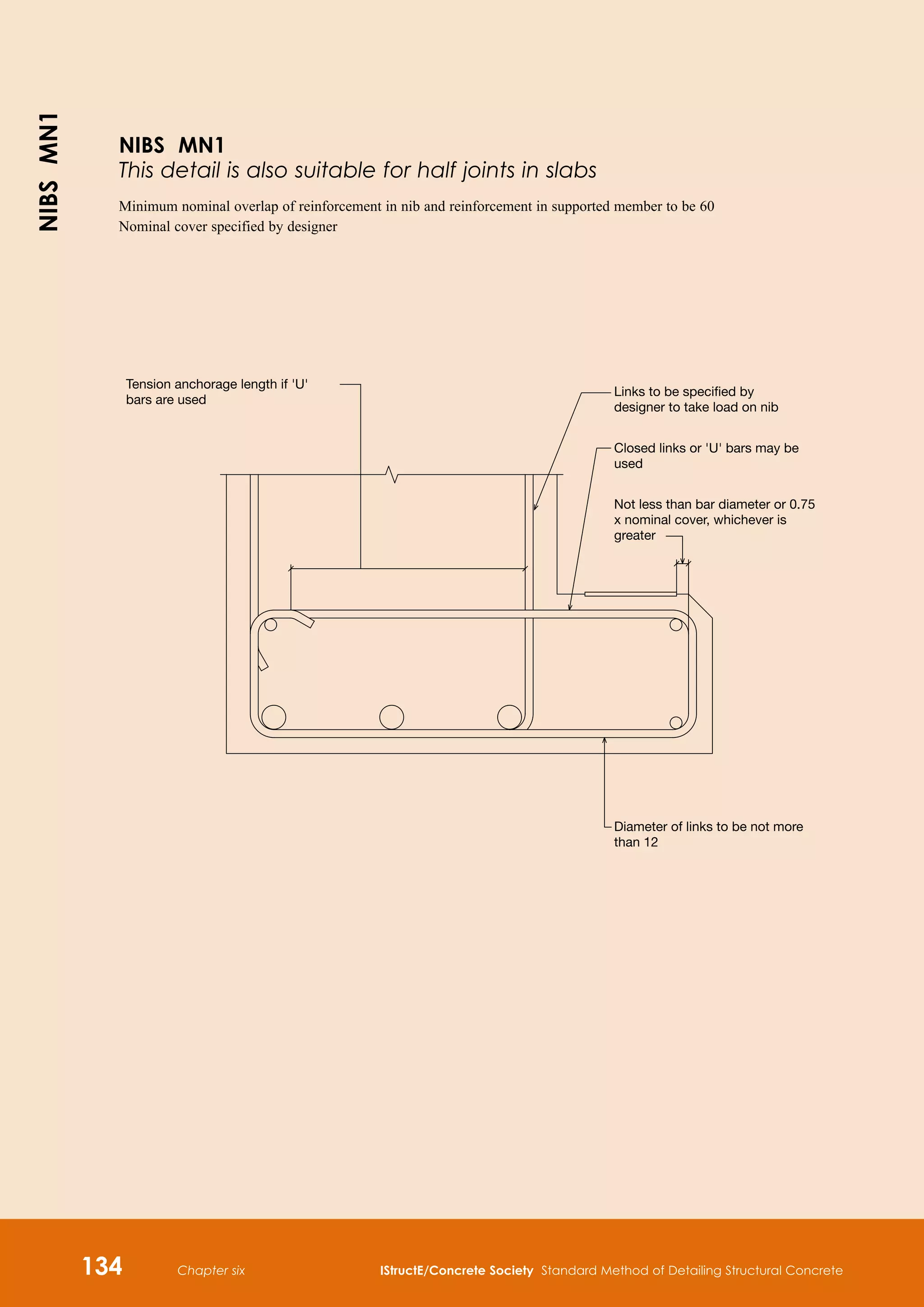 Chapter six IStructE/Concrete Society Standard Method of Detailing Structural Concrete
134
Links to be specified by
designer to take load on nib
Closed links or 'U' bars may be
used
Not less than bar diameter or 0.75
x nominal cover, whichever is
greater
Diameter of links to be not more
than 12
Tension anchorage length if 'U'
bars are used
NIBS MN1
This detail is also suitable for half joints in slabs
Minimum nominal overlap of reinforcement in nib and reinforcement in supported member to be 60
Nominal cover specified by designer
NIBS
MN1
 