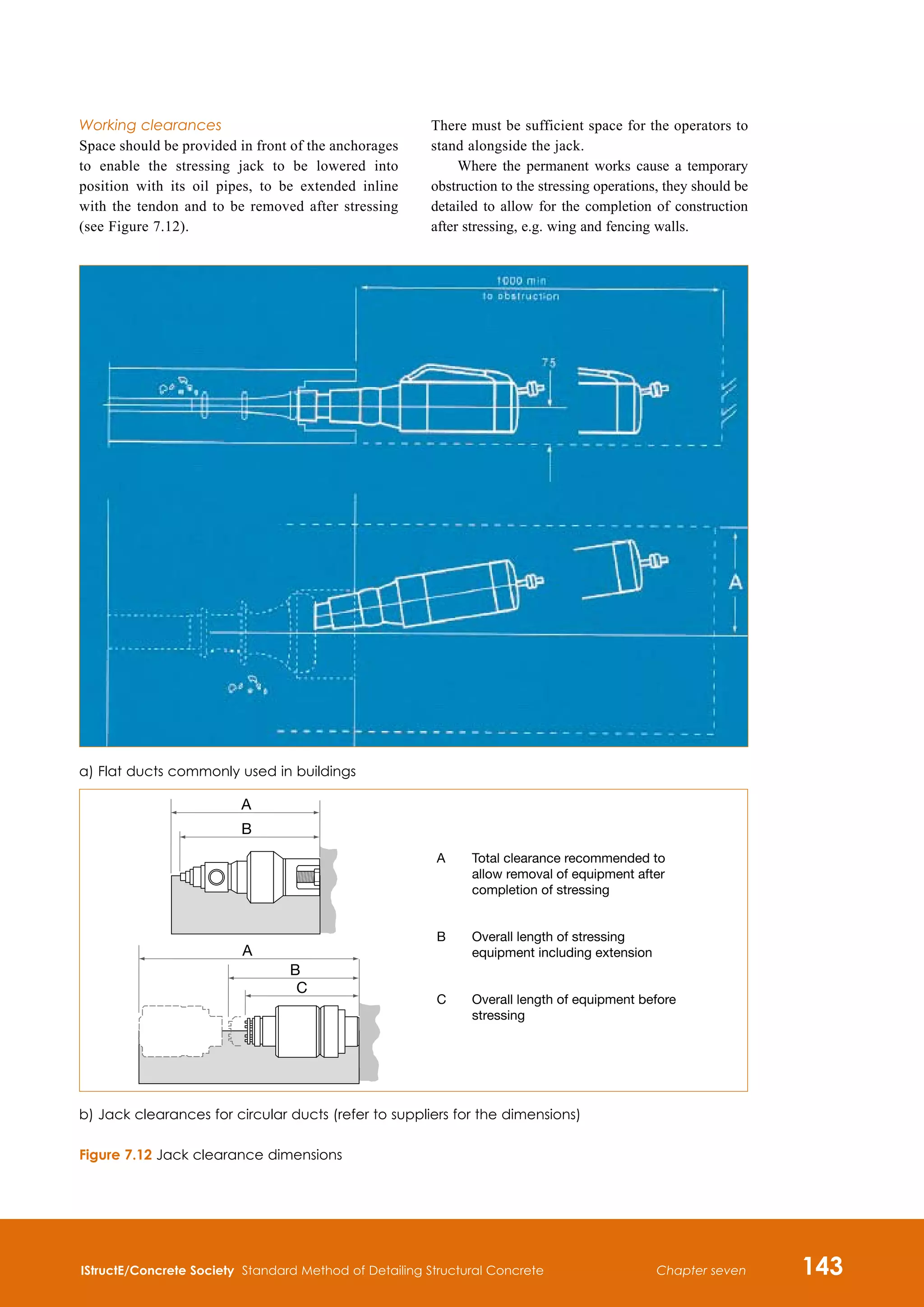 IStructE/Concrete Society Standard Method of Detailing Structural Concrete 143
Chapter seven
Working clearances
Space should be provided in front of the anchorages
to enable the stressing jack to be lowered into
position with its oil pipes, to be extended inline
with the tendon and to be removed after stressing
(see Figure 7.12).
Figure 7.12 Jack clearance dimensions
There must be sufficient space for the operators to
stand alongside the jack.
Where the permanent works cause a temporary
obstruction to the stressing operations, they should be
detailed to allow for the completion of construction
after stressing, e.g. wing and fencing walls.
a) Flat ducts commonly used in buildings
A
B
B
C
A
A Total clearance recommended to
allow removal of equipment after
completion of stressing
B Overall length of stressing
equipment including extension
C Overall length of equipment before
stressing
b) Jack clearances for circular ducts (refer to suppliers for the dimensions)
 