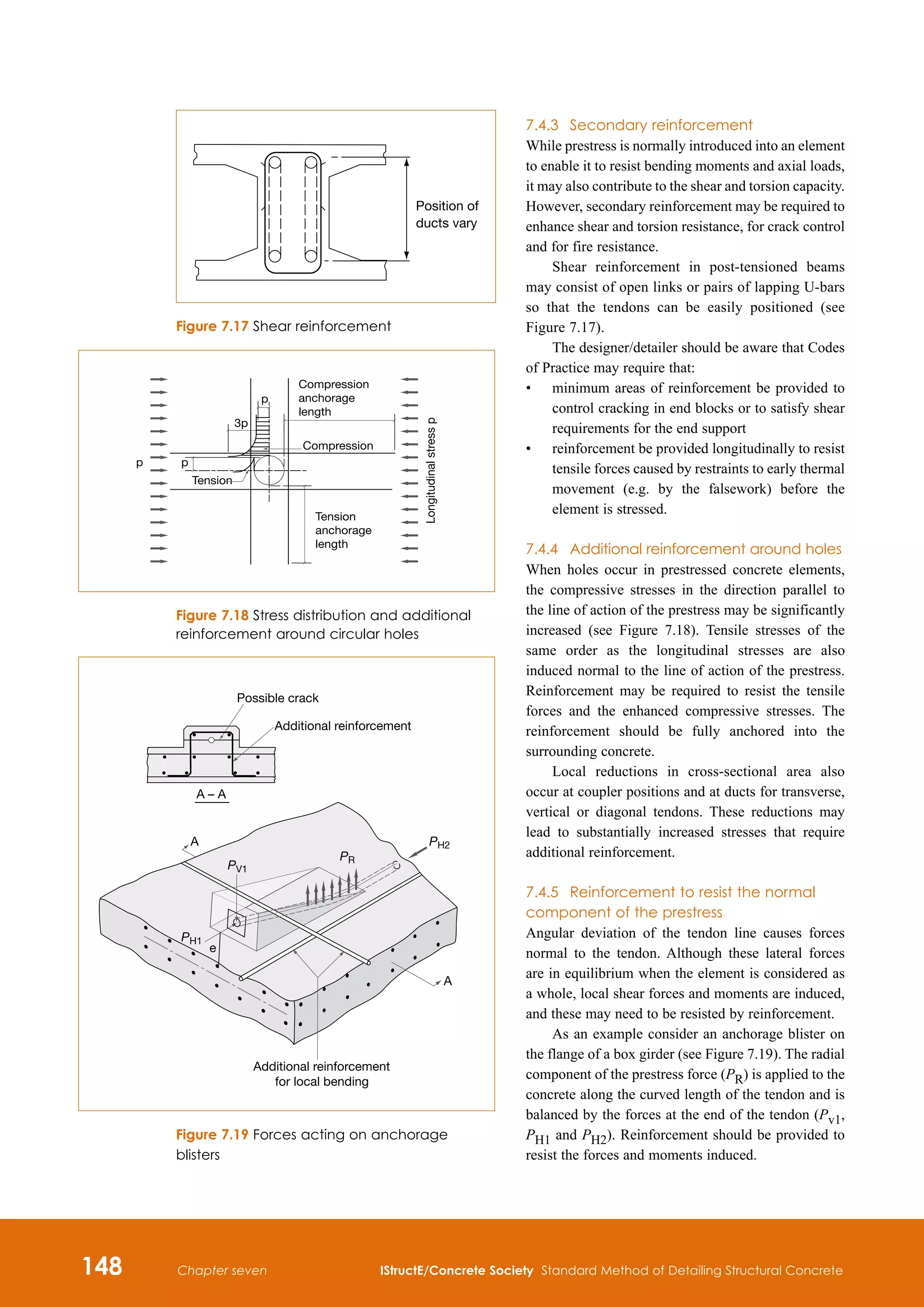 148 IStructE/Concrete Society Standard Method of Detailing Structural Concrete
Chapter seven
7.4.3	 Secondary reinforcement
While prestress is normally introduced into an element
to enable it to resist bending moments and axial loads,
it may also contribute to the shear and torsion capacity.
However, secondary reinforcement may be required to
enhance shear and torsion resistance, for crack control
and for fire resistance.
Shear reinforcement in post‑tensioned beams
may consist of open links or pairs of lapping U‑bars
so that the tendons can be easily positioned (see
Figure 7.17).
The designer/detailer should be aware that Codes
of Practice may require that:
•	
minimum areas of reinforcement be provided to
control cracking in end blocks or to satisfy shear
requirements for the end support
•	
reinforcement be provided longitudinally to resist
tensile forces caused by restraints to early thermal
movement (e.g. by the falsework) before the
element is stressed.
7.4.4	 Additional reinforcement around holes
When holes occur in prestressed concrete elements,
the compressive stresses in the direction parallel to
the line of action of the prestress may be significantly
increased (see Figure 7.18). Tensile stresses of the
same order as the longitudinal stresses are also
induced normal to the line of action of the prestress.
Reinforcement may be required to resist the tensile
forces and the enhanced compressive stresses. The
reinforcement should be fully anchored into the
surrounding concrete.
Local reductions in cross‑sectional area also
occur at coupler positions and at ducts for transverse,
vertical or diagonal tendons. These reductions may
lead to substantially increased stresses that require
additional reinforcement.
7.4.5	 Reinforcement to resist the normal
component of the prestress
Angular deviation of the tendon line causes forces
normal to the tendon. Although these lateral forces
are in equilibrium when the element is considered as
a whole, local shear forces and moments are induced,
and these may need to be resisted by reinforcement.
As an example consider an anchorage blister on
the flange of a box girder (see Figure 7.19). The radial
component of the prestress force (PR) is applied to the
concrete along the curved length of the tendon and is
balanced by the forces at the end of the tendon (Pv1,
PH1 and PH2). Reinforcement should be provided to
resist the forces and moments induced.
Position of
ducts vary
Figure 7.17 Shear reinforcement
Compression
anchorage
length
Compression
Tension
Tension
anchorage
length
p
p
p
3p
Longitudinal
stress
p
Figure 7.18 Stress distribution and additional
reinforcement around circular holes
Possible crack
Additional reinforcement
A – A
A
e
Additional reinforcement
for local bending
PH2
PH1
PR
PV1
A
Figure 7.19 Forces acting on anchorage
blisters
 