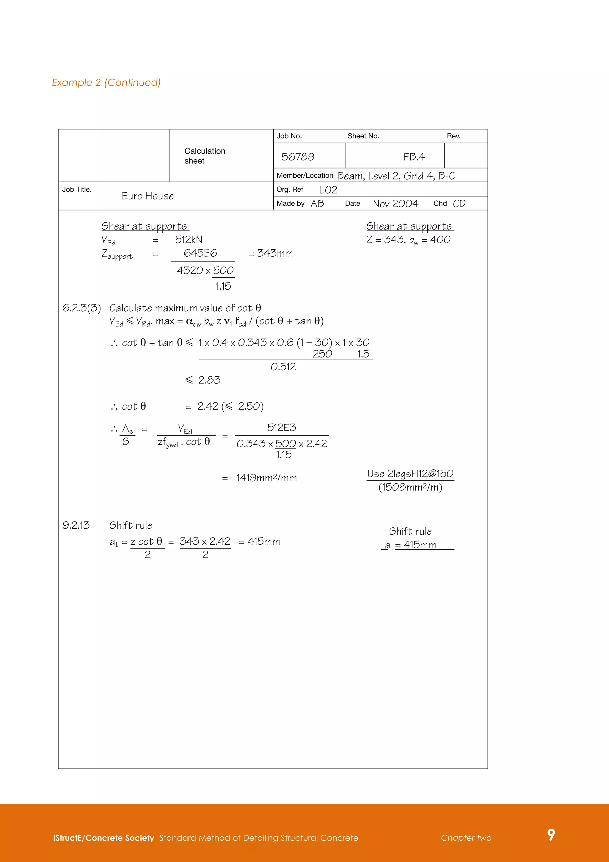 IStructE/Concrete Society Standard Method of Detailing Structural Concrete 
Chapter two
Example 2 (Continued)
 