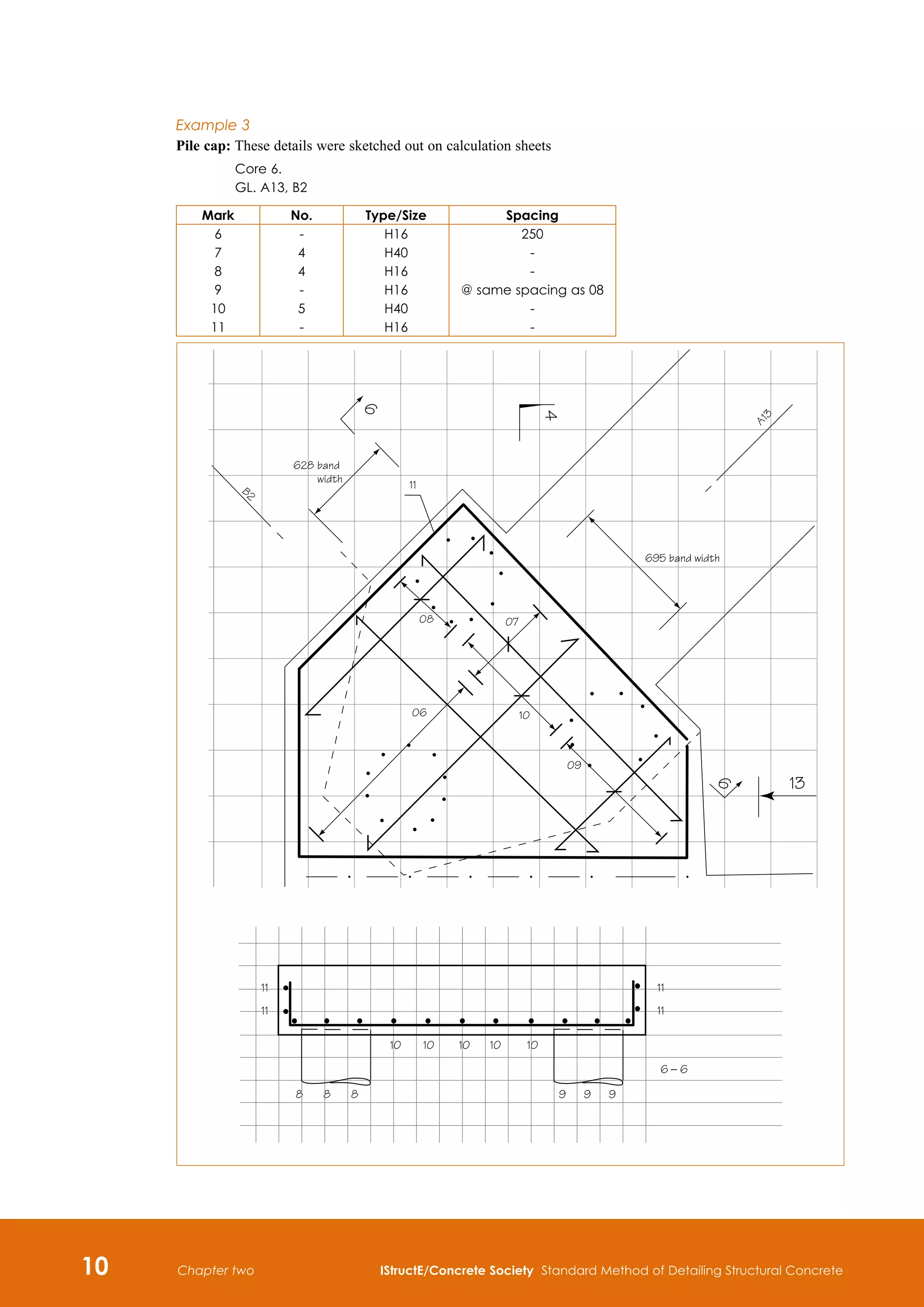 10 IStructE/Concrete Society Standard Method of Detailing Structural Concrete
Chapter two
Example 3
Pile cap: 
These details were sketched out on calculation sheets
	
Core 6.
GL. A13, B2
Mark No. Type/Size Spacing
6
7
8
9
10
11
-
4
4
-
5
-
H16
H40
H16
H16
H40
H16
250
-
-
@ same spacing as 08
-
-
 