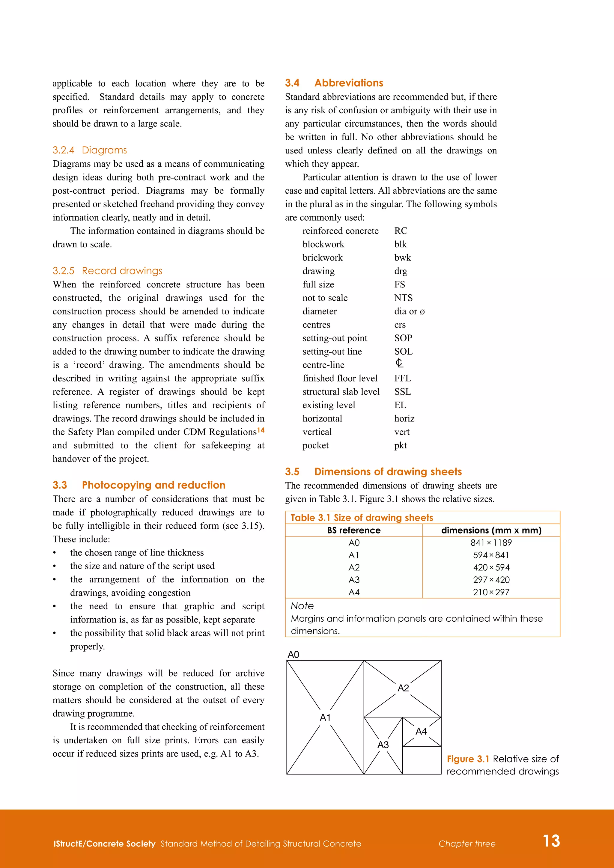 IStructE/Concrete Society Standard Method of Detailing Structural Concrete 13
Chapter three
applicable to each location where they are to be
specified. Standard details may apply to concrete
profiles or reinforcement arrangements, and they
should be drawn to a large scale.
3.2.4	 Diagrams
Diagrams may be used as a means of communicating
design ideas during both pre-contract work and the
post-contract period. Diagrams may be formally
presented or sketched freehand providing they convey
information clearly, neatly and in detail.
The information contained in diagrams should be
drawn to scale.
3.2.5	 Record drawings
When the reinforced concrete structure has been
constructed, the original drawings used for the
construction process should be amended to indicate
any changes in detail that were made during the
construction process. A suffix reference should be
added to the drawing number to indicate the drawing
is a ‘record’ drawing. The amendments should be
described in writing against the appropriate suffix
reference. A register of drawings should be kept
listing reference numbers, titles and recipients of
drawings. The record drawings should be included in
the Safety Plan compiled under CDM Regulations14
and submitted to the client for safekeeping at
handover of the project.
3.3	Photocopying and reduction
There are a number of considerations that must be
made if photographically reduced drawings are to
be fully intelligible in their reduced form (see 3.15).
These include:
•	
the chosen range of line thickness
•	
the size and nature of the script used
•	
the arrangement of the information on the
drawings, avoiding congestion
•	
the need to ensure that graphic and script
information is, as far as possible, kept separate
•	
the possibility that solid black areas will not print
properly.
Since many drawings will be reduced for archive
storage on completion of the construction, all these
matters should be considered at the outset of every
drawing programme.
It is recommended that checking of reinforcement
is undertaken on full size prints. Errors can easily
occur if reduced sizes prints are used, e.g. A1 to A3.
3.4	Abbreviations
Standard abbreviations are recommended but, if there
is any risk of confusion or ambiguity with their use in
any particular circumstances, then the words should
be written in full. No other abbreviations should be
used unless clearly defined on all the drawings on
which they appear.
Particular attention is drawn to the use of lower
case and capital letters. All abbreviations are the same
in the plural as in the singular. The following symbols
are commonly used:
reinforced concrete	 RC
blockwork	 blk
brickwork	 bwk
drawing	 drg
full size	 FS
not to scale	 NTS
diameter	 dia or b
centres	 crs
setting-out point	 SOP
setting-out line	 SOL
centre-line	
finished floor level	 FFL
structural slab level	 SSL
existing level	 EL
horizontal	 horiz
vertical	 vert
pocket	 pkt
3.5	Dimensions of drawing sheets
The recommended dimensions of drawing sheets are
given in Table 3.1. Figure 3.1 shows the relative sizes.
Table 3.1 Size of drawing sheets
BS reference dimensions (mm x mm)
A0
A1
A2
A3
A4
841 × 1189
594 × 841
420 × 594
297 × 420
210 × 297
Note
Margins and information panels are contained within these
dimensions.
A0
A4
A3
A2
A1
Figure 3.1 Relative size of
recommended drawings
 