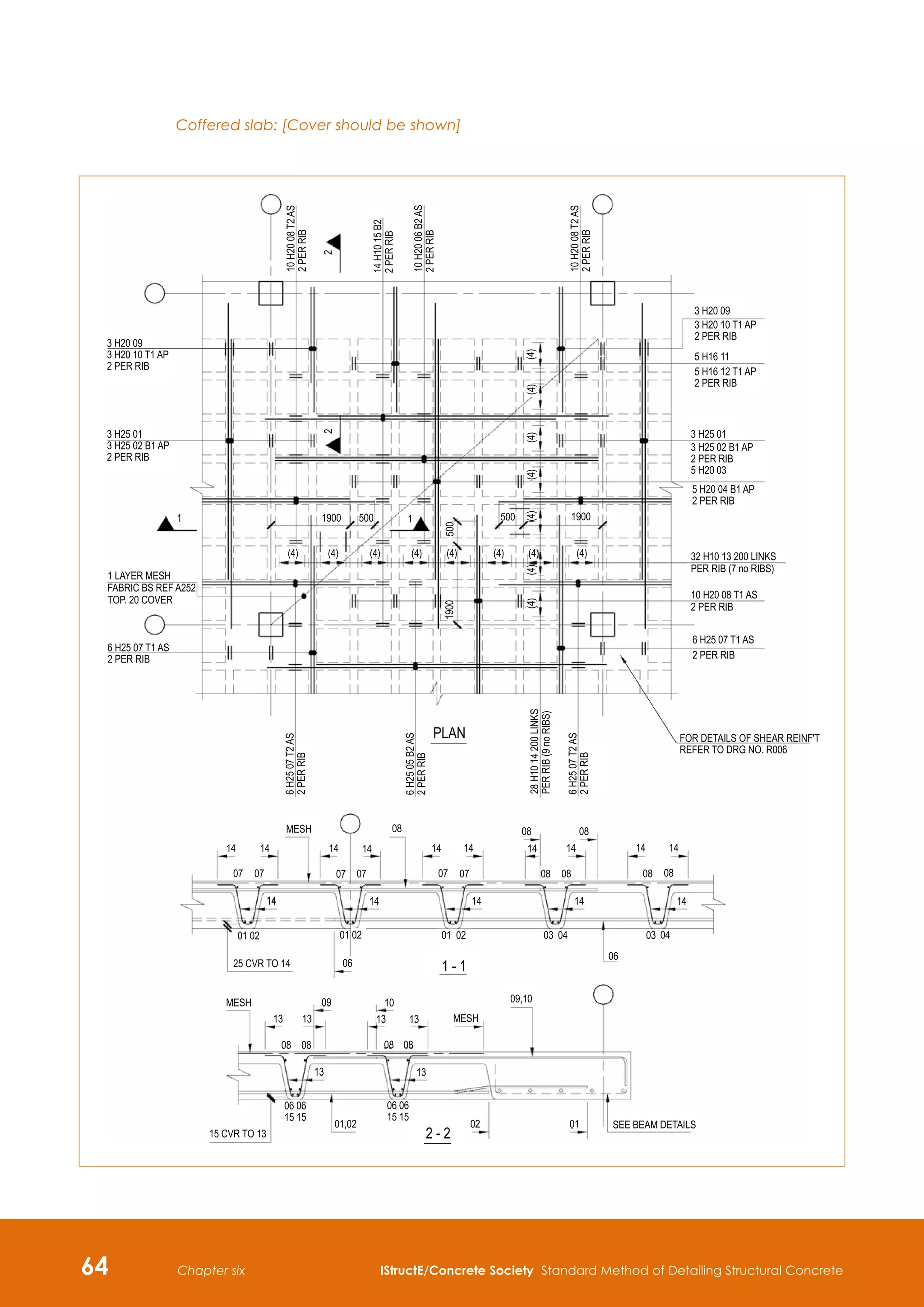 64 IStructE/Concrete Society Standard Method of Detailing Structural Concrete
Chapter six
Coffered slab: [Cover should be shown]
 