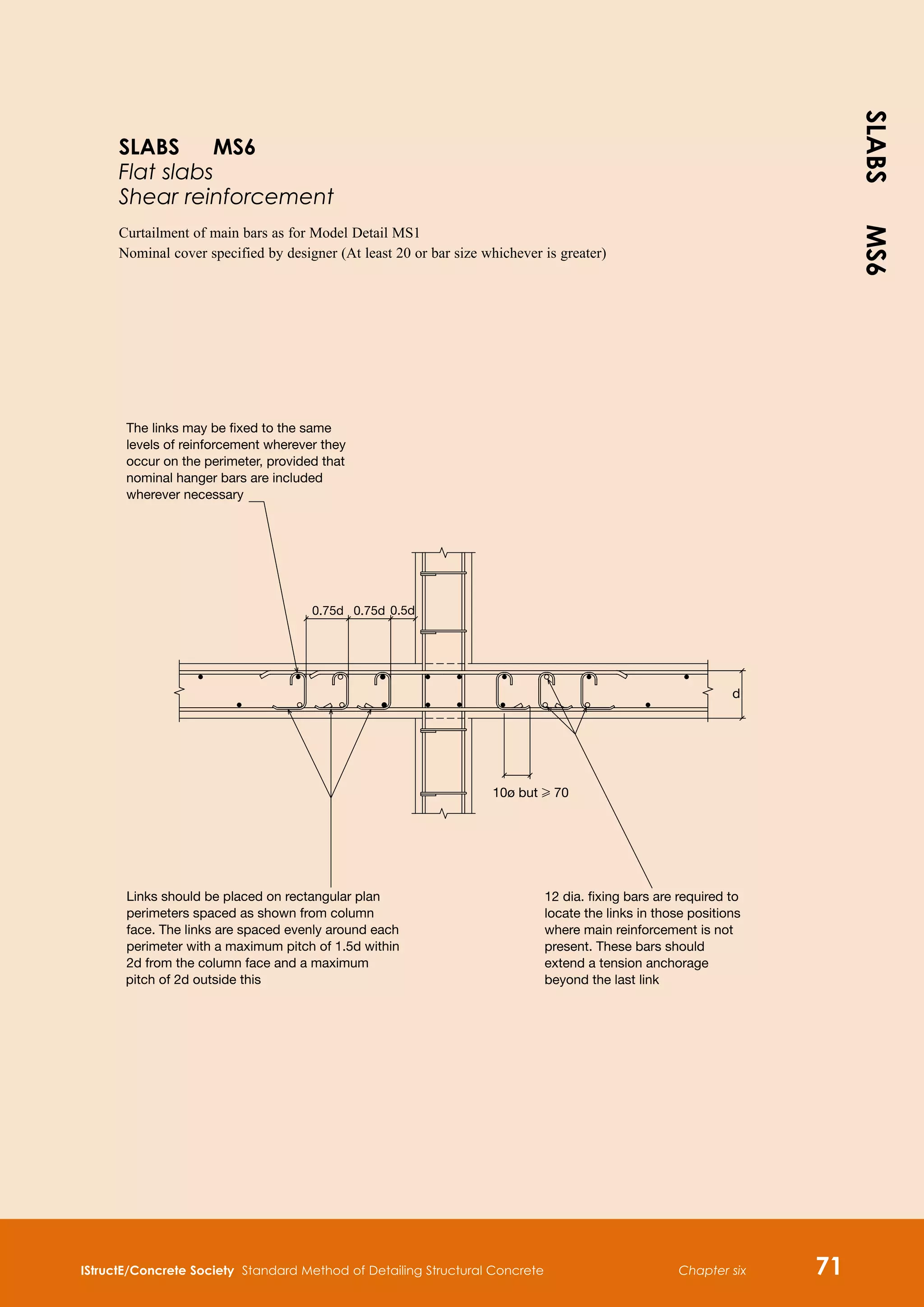 SLABS
MS6
IStructE/Concrete Society Standard Method of Detailing Structural Concrete Chapter six 71
The links may be fixed to the same
levels of reinforcement wherever they
occur on the perimeter, provided that
nominal hanger bars are included
wherever necessary
Links should be placed on rectangular plan
perimeters spaced as shown from column
face. The links are spaced evenly around each
perimeter with a maximum pitch of 1.5d within
2d from the column face and a maximum
12 dia. fixing bars are required to
locate the links in those positions
where main reinforcement is not
present. These bars should
extend a tension anchorage
beyond the last link
0.75d 0.75d 0.5d
d
10ø but H 70
pitch of 2d outside this
SLABS MS6
Flat slabs
Shear reinforcement
Curtailment of main bars as for Model Detail MS1
Nominal cover specified by designer (At least 20 or bar size whichever is greater)
 