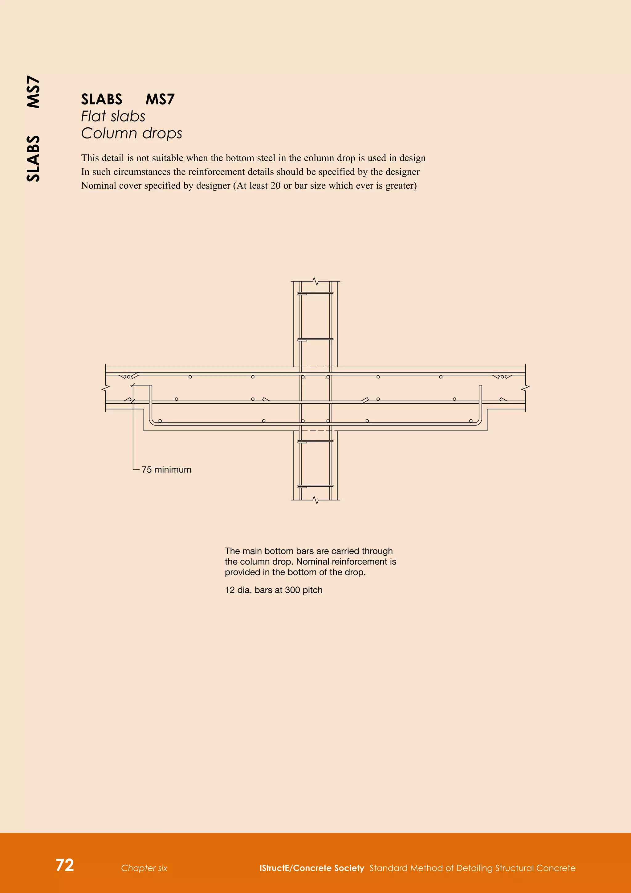 Chapter six IStructE/Concrete Society Standard Method of Detailing Structural Concrete
72
The main bottom bars are carried through
the column drop. Nominal reinforcement is
provided in the bottom of the drop.
12 dia. bars at 300 pitch
75 minimum
SLABS MS7
Flat slabs
Column drops
This detail is not suitable when the bottom steel in the column drop is used in design
In such circumstances the reinforcement details should be specified by the designer
Nominal cover specified by designer (At least 20 or bar size which ever is greater)
SLABS
MS7
 