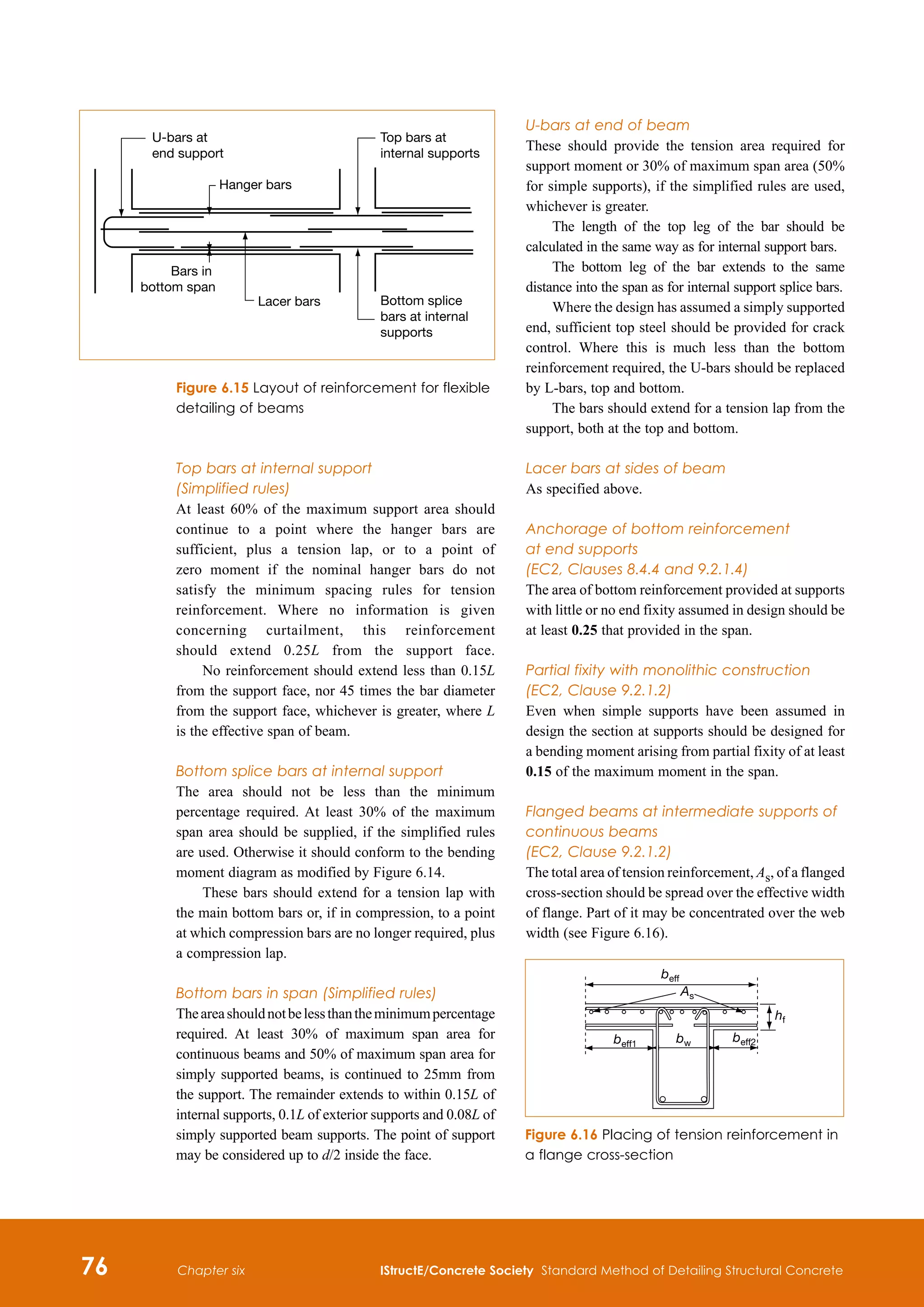 76 IStructE/Concrete Society Standard Method of Detailing Structural Concrete
Chapter six
Top bars at internal support
(Simplified rules)
At least 60% of the maximum support area should
continue to a point where the hanger bars are
sufficient, plus a tension lap, or to a point of
zero moment if the nominal hanger bars do not
satisfy the minimum spacing rules for tension
reinforcement. Where no information is given
concerning curtailment, this reinforcement
should extend 0.25L from the support face.
No reinforcement should extend less than 0.15L
from the support face, nor 45 times the bar diameter
from the support face, whichever is greater, where L
is the effective span of beam.
Bottom splice bars at internal support
The area should not be less than the minimum
percentage required. At least 30% of the maximum
span area should be supplied, if the simplified rules
are used. Otherwise it should conform to the bending
moment diagram as modified by Figure 6.14.
These bars should extend for a tension lap with
the main bottom bars or, if in compression, to a point
at which compression bars are no longer required, plus
a compression lap.
Bottom bars in span (Simplified rules)
Theareashouldnotbelessthantheminimumpercentage
required. At least 30% of maximum span area for
continuous beams and 50% of maximum span area for
simply supported beams, is continued to 25mm from
the support. The remainder extends to within 0.15L of
internal supports, 0.1L of exterior supports and 0.08L of
simply supported beam supports. The point of support
may be considered up to d/2 inside the face.
U-bars at end of beam
These should provide the tension area required for
support moment or 30% of maximum span area (50%
for simple supports), if the simplified rules are used,
whichever is greater.
The length of the top leg of the bar should be
calculated in the same way as for internal support bars.
The bottom leg of the bar extends to the same
distance into the span as for internal support splice bars.
Where the design has assumed a simply supported
end, sufficient top steel should be provided for crack
control. Where this is much less than the bottom
reinforcement required, the U-bars should be replaced
by L-bars, top and bottom.
The bars should extend for a tension lap from the
support, both at the top and bottom.
Lacer bars at sides of beam
As specified above.
Anchorage of bottom reinforcement
at end supports
(EC2, Clauses 8.4.4 and 9.2.1.4)
The area of bottom reinforcement provided at supports
with little or no end fixity assumed in design should be
at least 0.25 that provided in the span.
Partial fixity with monolithic construction
(EC2, Clause 9.2.1.2)
Even when simple supports have been assumed in
design the section at supports should be designed for
a bending moment arising from partial fixity of at least
0.15 of the maximum moment in the span.
Flanged beams at intermediate supports of
continuous beams
(EC2, Clause 9.2.1.2)
The total area of tension reinforcement, As, of a flanged
cross-section should be spread over the effective width
of flange. Part of it may be concentrated over the web
width (see Figure 6.16).
beff
bw
beff1
beff2
hf
As
Figure 6.16 Placing of tension reinforcement in
a flange cross-section
Top bars at
internal supports
U-bars at
end support
Hanger bars
Bars in
bottom span
Bottom splice
bars at internal
supports
Lacer bars
Figure 6.15 Layout of reinforcement for flexible
detailing of beams
 