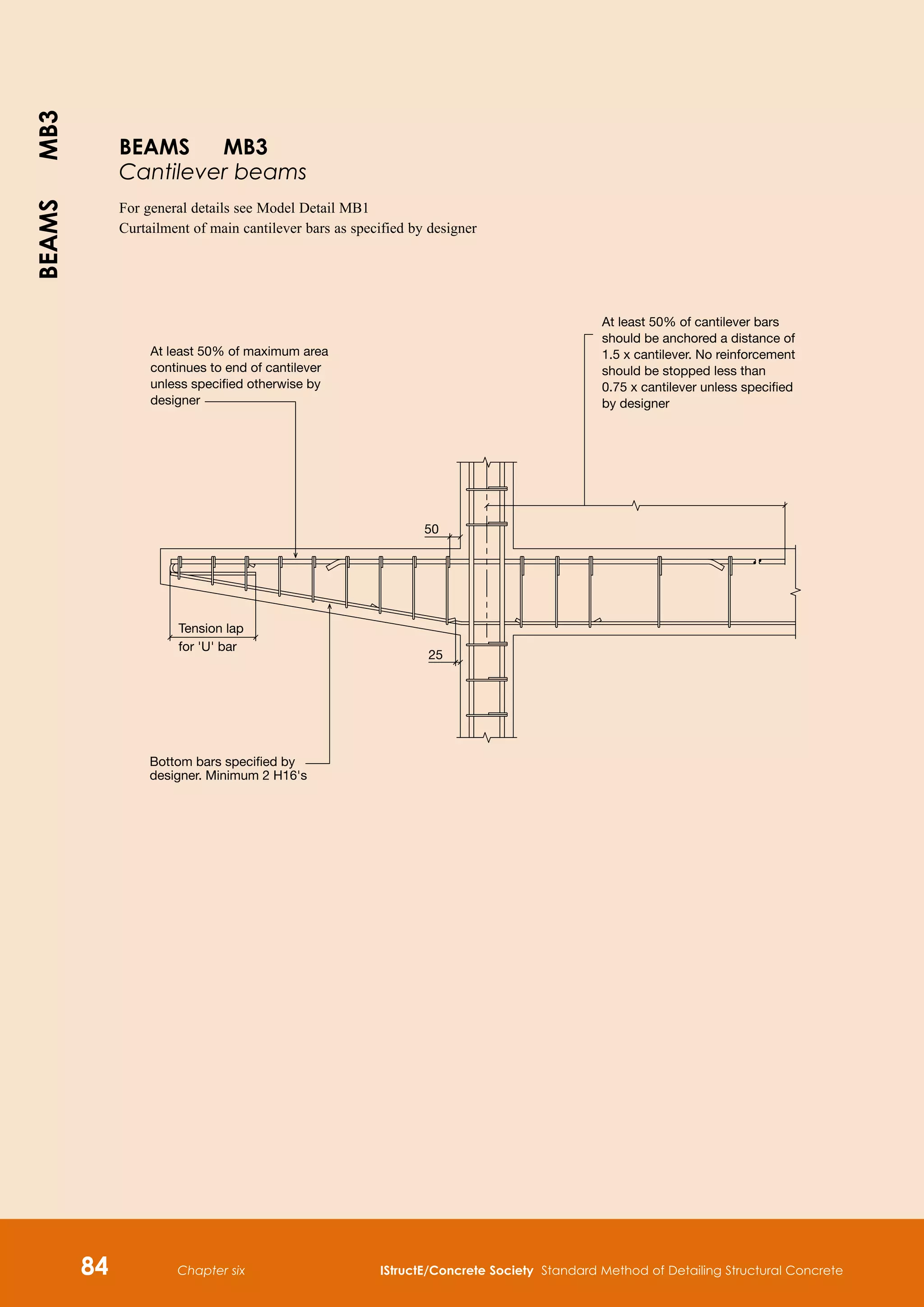 Chapter six IStructE/Concrete Society Standard Method of Detailing Structural Concrete
84
At least 50% of cantilever bars
should be anchored a distance of
1.5 x cantilever. No reinforcement
should be stopped less than
0.75 x cantilever unless specified
by designer
At least 50% of maximum area
continues to end of cantilever
unless specified otherwise by
designer
Tension lap
for 'U' bar
Bottom bars specified by
designer. Minimum 2 H16's
50
25
BEAMS MB3
Cantilever beams
For general details see Model Detail MB1
Curtailment of main cantilever bars as specified by designer
BEAMS
MB3
 