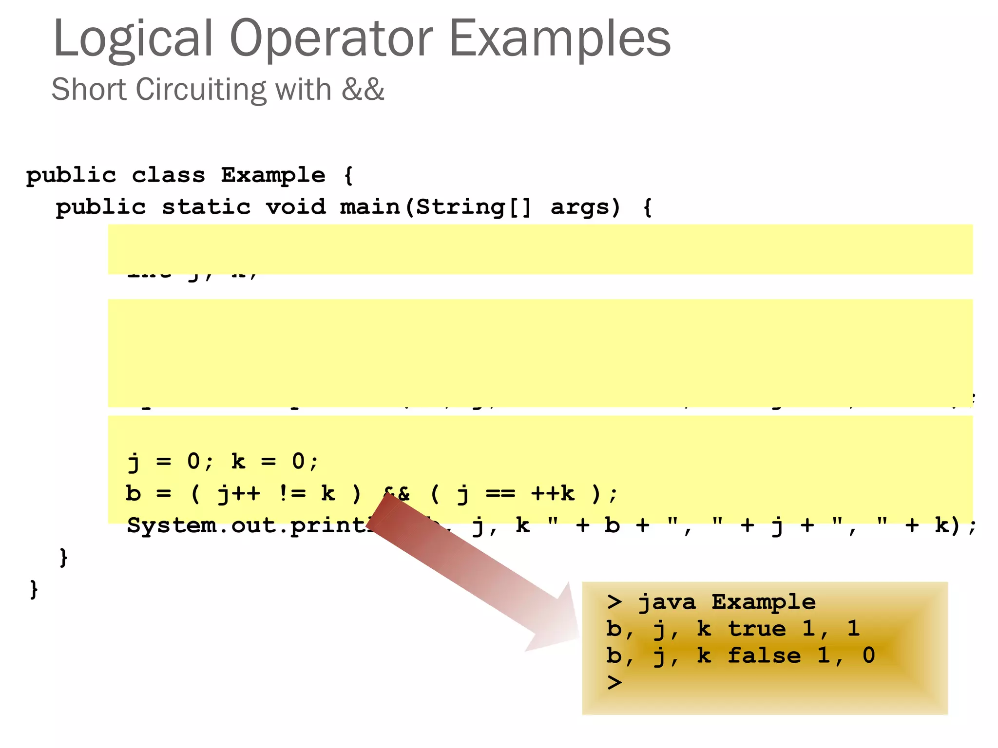 Logical Operator Examples
Short Circuiting with &&
public class Example {
public static void main(String[] args) {
boolean b;
int j, k;
j = 0; k = 0;
b = ( j++ == k ) && ( j == ++k );
System.out.println("b, j, k " + b + ", " + j + ", " + k);
j = 0; k = 0;
b = ( j++ != k ) && ( j == ++k );
System.out.println("b, j, k " + b + ", " + j + ", " + k);
}
}
> java Example
b, j, k true 1, 1
> java Example
b, j, k true 1, 1
b, j, k false 1, 0
>
 