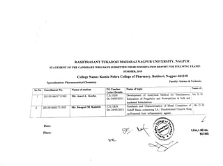 RASHTRASANT TUKADOJI MAHARAJ NAGPUR UNIVERSITY, NAGPUR
STATEMENT OF THE CANDIDATE WHO HAVE SUBMITTED THEIR DISSERTATION REPORT FOR FOLLWING EXAMN
SUMMER, 2019
College Name: Kamla Nehru College of Pharmacy, Butibori, Nagpur-441108
Specialization: Pharmaceutical Chemistry
Faculty: Science & Technolo;
Sr.No EnrollmentNo. Name of student PG Teacher Name of topic Name of
Letter Details
C.S./1839
Dt:-30/05/2013
1 201501660171 1963 Mr. Amol A. Koche. Development of Analytical Method for Simultaneous Ms. D. M
Estimation of Pregabalin and Nortriptyline in bulk and
marketed formulations
2015016601711955 Mr.SwapnilM.Kamble C.S./1839 Synthesis and Characterisation of Metal Complexes of | Ms. D. M
Schiff Bases containing 2,4,- Disubstituted Oxazole Ring
as Potential Anti- inflammatoryagents
Dt:-30/05/2013
Date:
Colege
6
Place:
KAMLA NEHAU
b u t i n i
Nagaun
BUTIBO
 