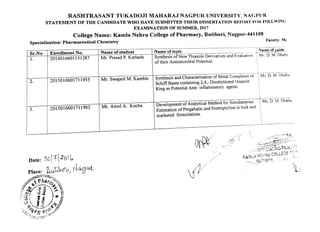 RASHTRASANT TUKADOJI MAHARAJ NAGPUR UNIVERSITY, NAGPUR
STATEMENT OF THE CANDIDATE WHO HAVE SUBMITTED THEIR DISSERTATION REPORT FOR FOLLWING
EXAMINATION OF SUMMER, 2017
College Name: Kamla Nehru College ofPharmacy,Butibori, Nagpur-441108
Specialization: Pharmaceutical Chemistry
Faculty: M
Sr.No EnrollmentNo._
| 1.
Name of student
Mr. Prasad P. Kathade
Name oftopic
Synthesis of NewThiazole Derivatives and Evaluation
of their Antimicrobial Potential.
Name ofguide
Ms. D. M. Dhaba
2014016601151287
2015016601711955
Ms. D. M. Dhaba
Synthesis and Characterisation of Metal Complexes of
Schiff Bases containing 2,4,- Disubstituted Oxazole
Ring as Potential Anti- inflammatory agents.
2.
Mr. Swapnil M. Kamble
Development of Analytical Method for Simultaneous
Estimation of Pregabalin and Nortriptyline in bulk and
marketed formulations.
Ms. D. M. Dhaba
. 2015016601711963 Mr. Amol A. Koche.
O orFICIATINGPRiNP
Date: 30||201
Place: Buiboi, Naqpm
KAMLA NSHRU
COLLEGE
CE
BUT!8C,
har
 