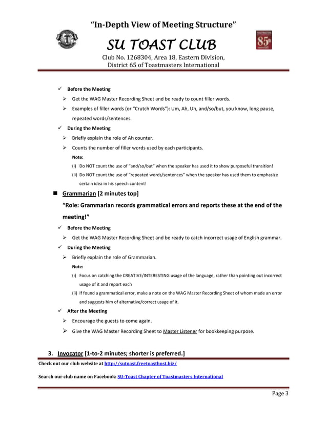 SU Toast Toastmasters' Details in Meeting Roles | DOCX