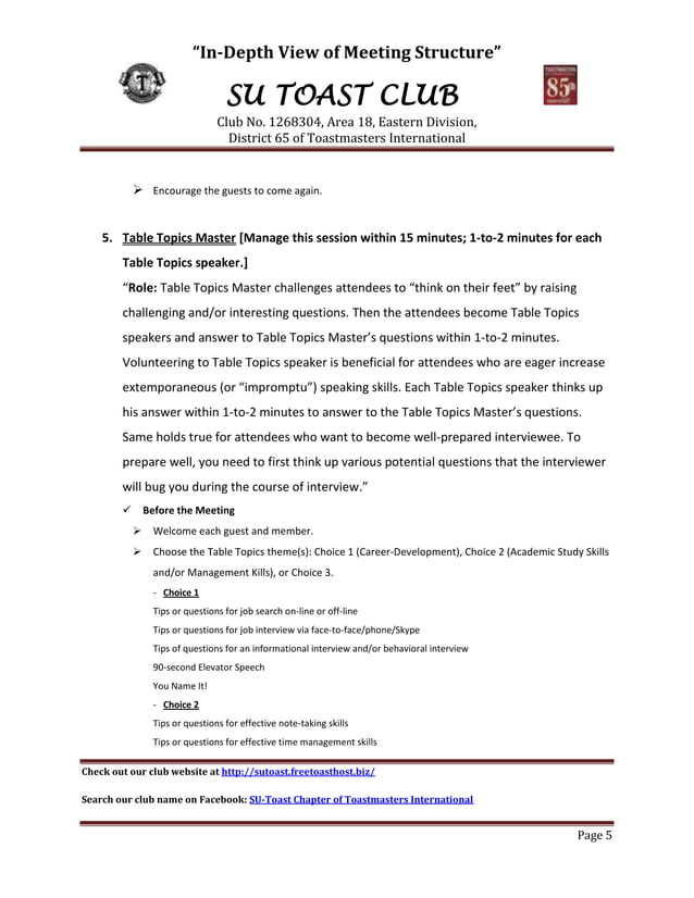 SU Toast Toastmasters' Details in Meeting Roles | DOCX