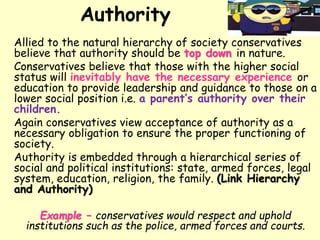Authority
Allied to the natural hierarchy of society conservatives
believe that authority should be top down in nature.
Conservatives believe that those with the higher social
status will inevitably have the necessary experience or
education to provide leadership and guidance to those on a
lower social position i.e. a parent’s authority over their
children.
Again conservatives view acceptance of authority as a
necessary obligation to ensure the proper functioning of
society.
Authority is embedded through a hierarchical series of
social and political institutions: state, armed forces, legal
system, education, religion, the family. (Link Hierarchy
and Authority)
Example – conservatives would respect and uphold
institutions such as the police, armed forces and courts.
 