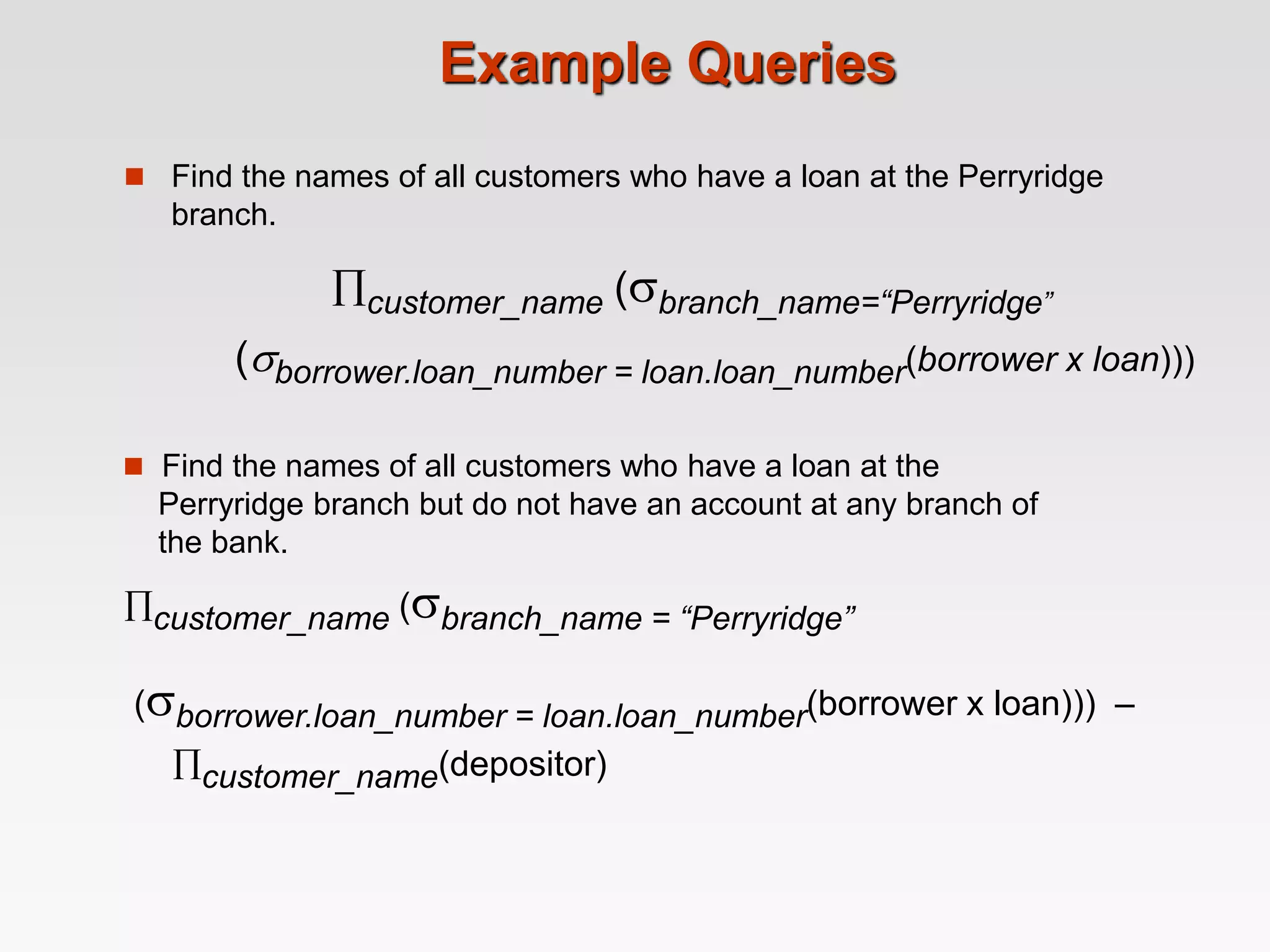 Example Queries
 Find the names of all customers who have a loan at the Perryridge
branch.
 Find the names of all customers who have a loan at the
Perryridge branch but do not have an account at any branch of
the bank.
customer_name (branch_name = “Perryridge”
(borrower.loan_number = loan.loan_number(borrower x loan))) –
customer_name(depositor)
customer_name (branch_name=“Perryridge”
(borrower.loan_number = loan.loan_number(borrower x loan)))
 