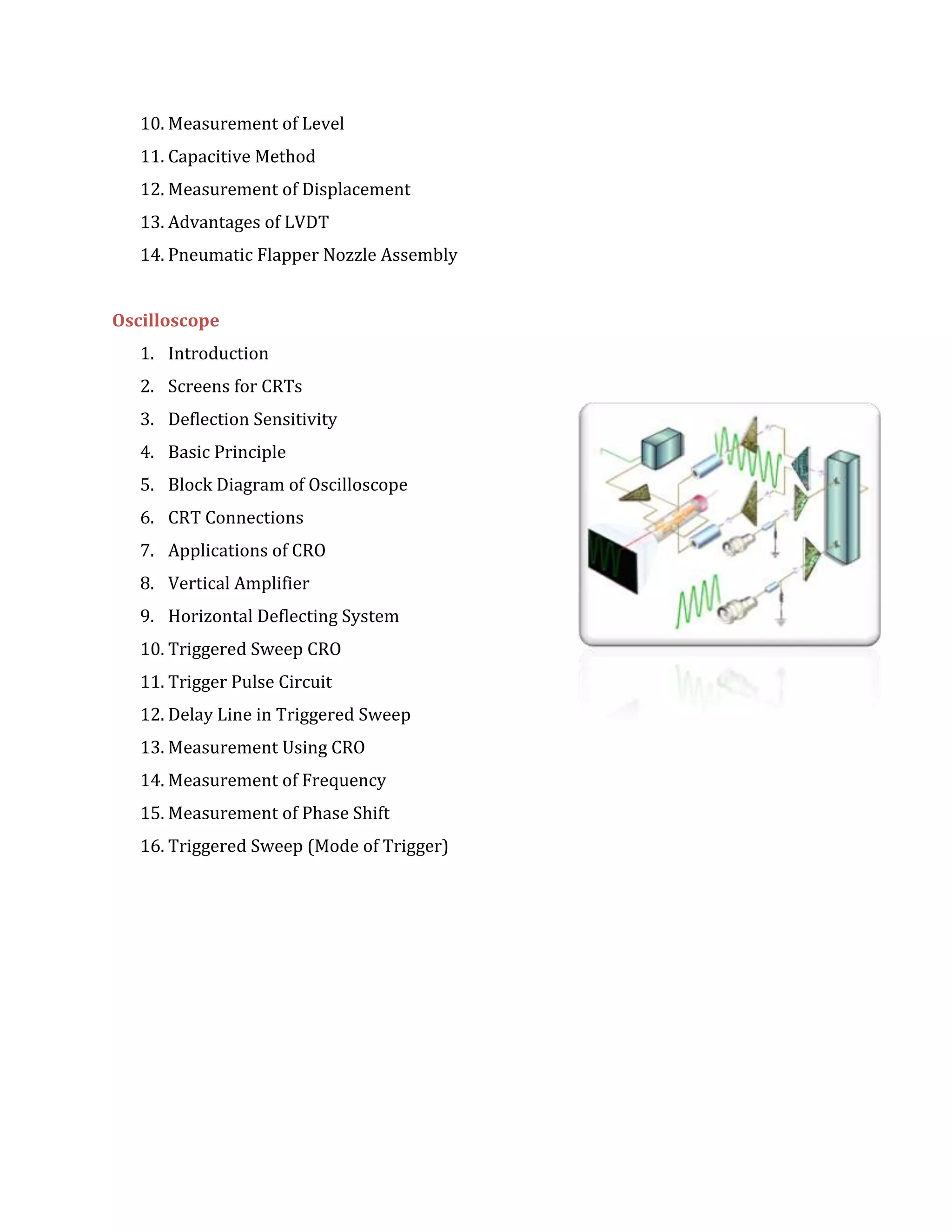 10. Measurement of Level
11. Capacitive Method
12. Measurement of Displacement
13. Advantages of LVDT
14. Pneumatic Flapper Nozzle Assembly
Oscilloscope
1. Introduction
2. Screens for CRTs
3. Deflection Sensitivity
4. Basic Principle
5. Block Diagram of Oscilloscope
6. CRT Connections
7. Applications of CRO
8. Vertical Amplifier
9. Horizontal Deflecting System
10. Triggered Sweep CRO
11. Trigger Pulse Circuit
12. Delay Line in Triggered Sweep
13. Measurement Using CRO
14. Measurement of Frequency
15. Measurement of Phase Shift
16. Triggered Sweep (Mode of Trigger)
 