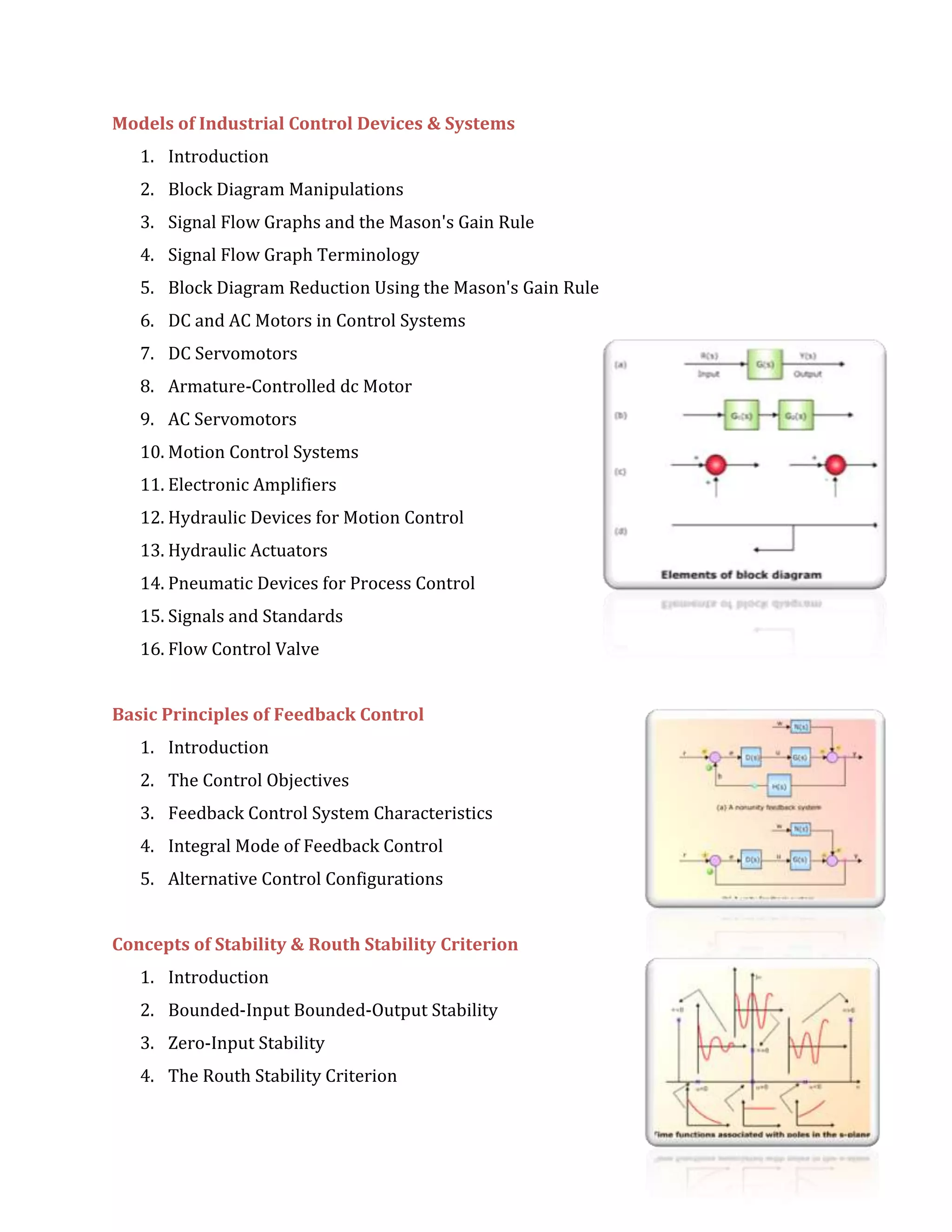 Models of Industrial Control Devices & Systems
1. Introduction
2. Block Diagram Manipulations
3. Signal Flow Graphs and the Mason's Gain Rule
4. Signal Flow Graph Terminology
5. Block Diagram Reduction Using the Mason's Gain Rule
6. DC and AC Motors in Control Systems
7. DC Servomotors
8. Armature-Controlled dc Motor
9. AC Servomotors
10. Motion Control Systems
11. Electronic Amplifiers
12. Hydraulic Devices for Motion Control
13. Hydraulic Actuators
14. Pneumatic Devices for Process Control
15. Signals and Standards
16. Flow Control Valve
Basic Principles of Feedback Control
1. Introduction
2. The Control Objectives
3. Feedback Control System Characteristics
4. Integral Mode of Feedback Control
5. Alternative Control Configurations
Concepts of Stability & Routh Stability Criterion
1. Introduction
2. Bounded-Input Bounded-Output Stability
3. Zero-Input Stability
4. The Routh Stability Criterion
 